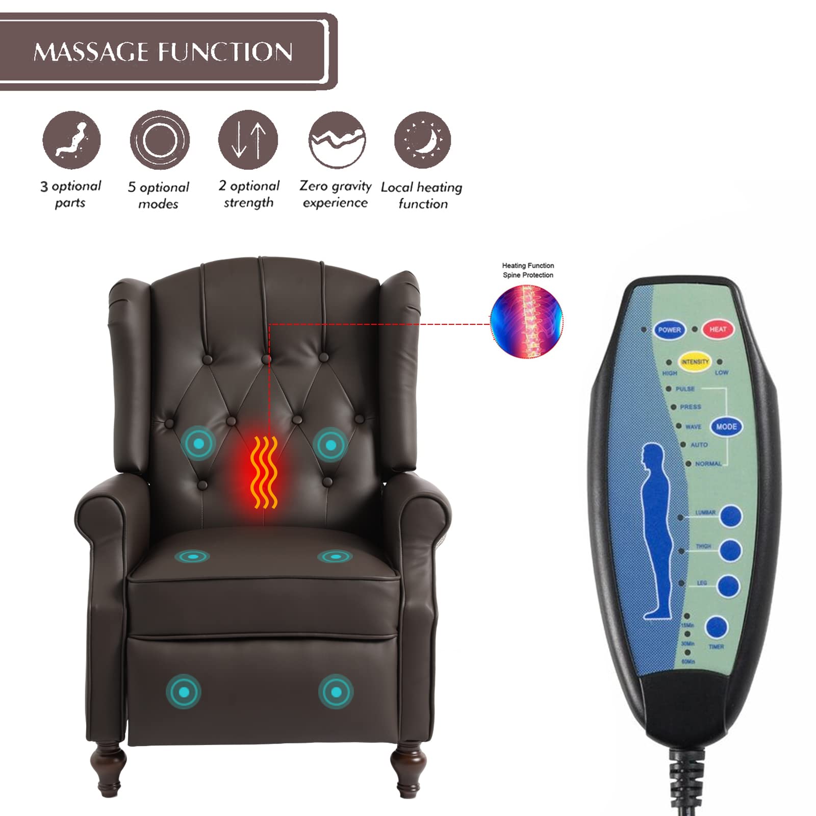 Elizabeth Vintage Style Wingback Recliner Chair - Tufted Upholstered Club Chair with Vibration Massage, Heating & Side Pockets | PU Leather Brown Living Room Accent Chair for Relaxation & Home Theater