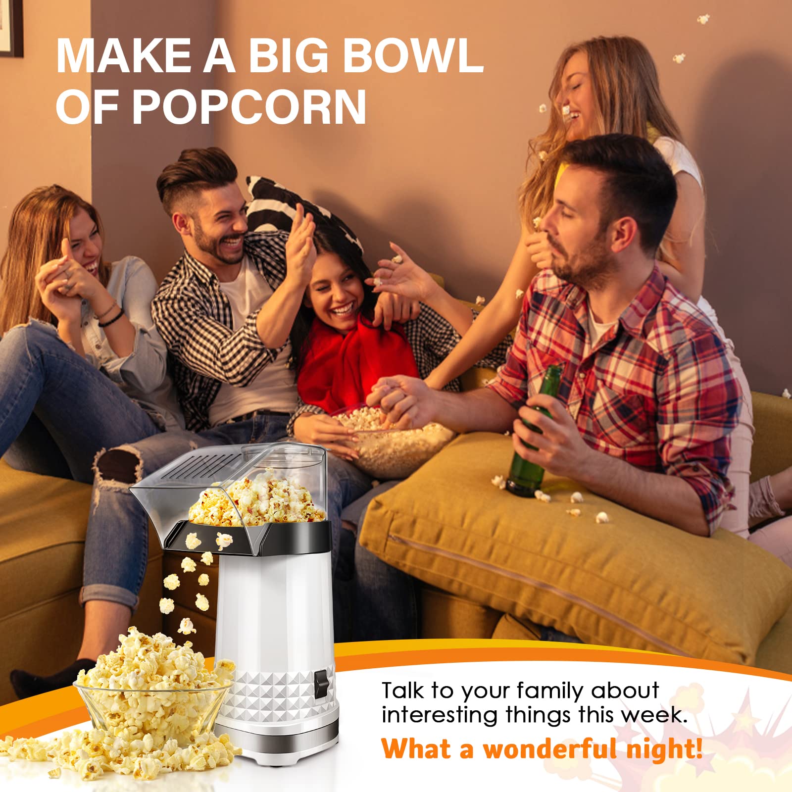 1200W Fast Electric Hot Air Popcorn Maker Machine - 4.5 Quart Capacity, ETL Certified & BPA-Free, Includes Measuring Cup - Perfect for Movie Nights, Family Gatherings, Kids Parties, and Healthy Snacking at Home