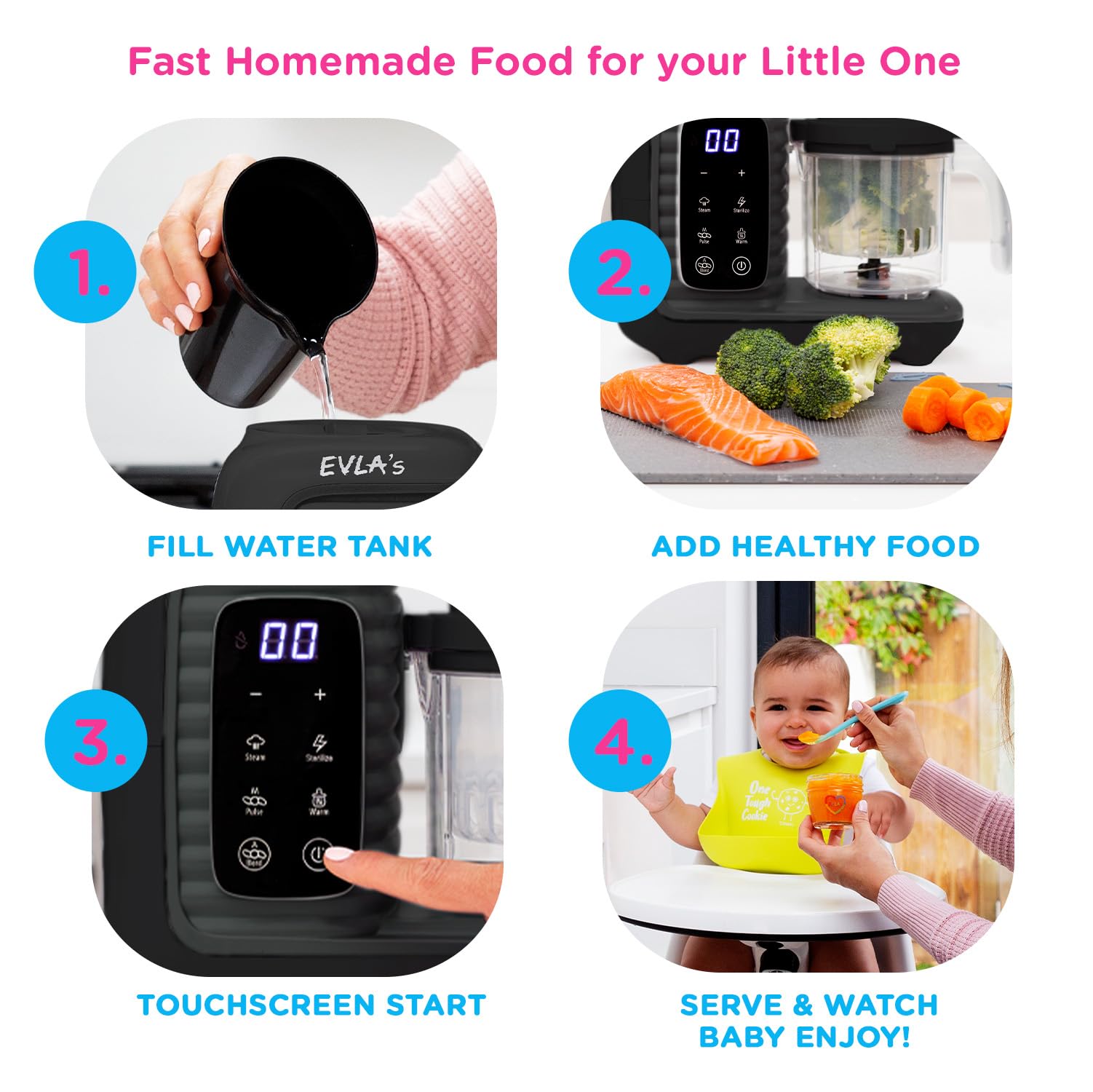 EVLA'S Double Baby Food Maker with 2 Steaming Baskets - 6-in-1 Steamer, Blender, Grinder & Food Processor for Healthy Homemade Baby Food - Touch Screen Control with 6 Reusable Food Pouches (Dark Grey) - Perfect for Busy Parents & Quick Meal Prep