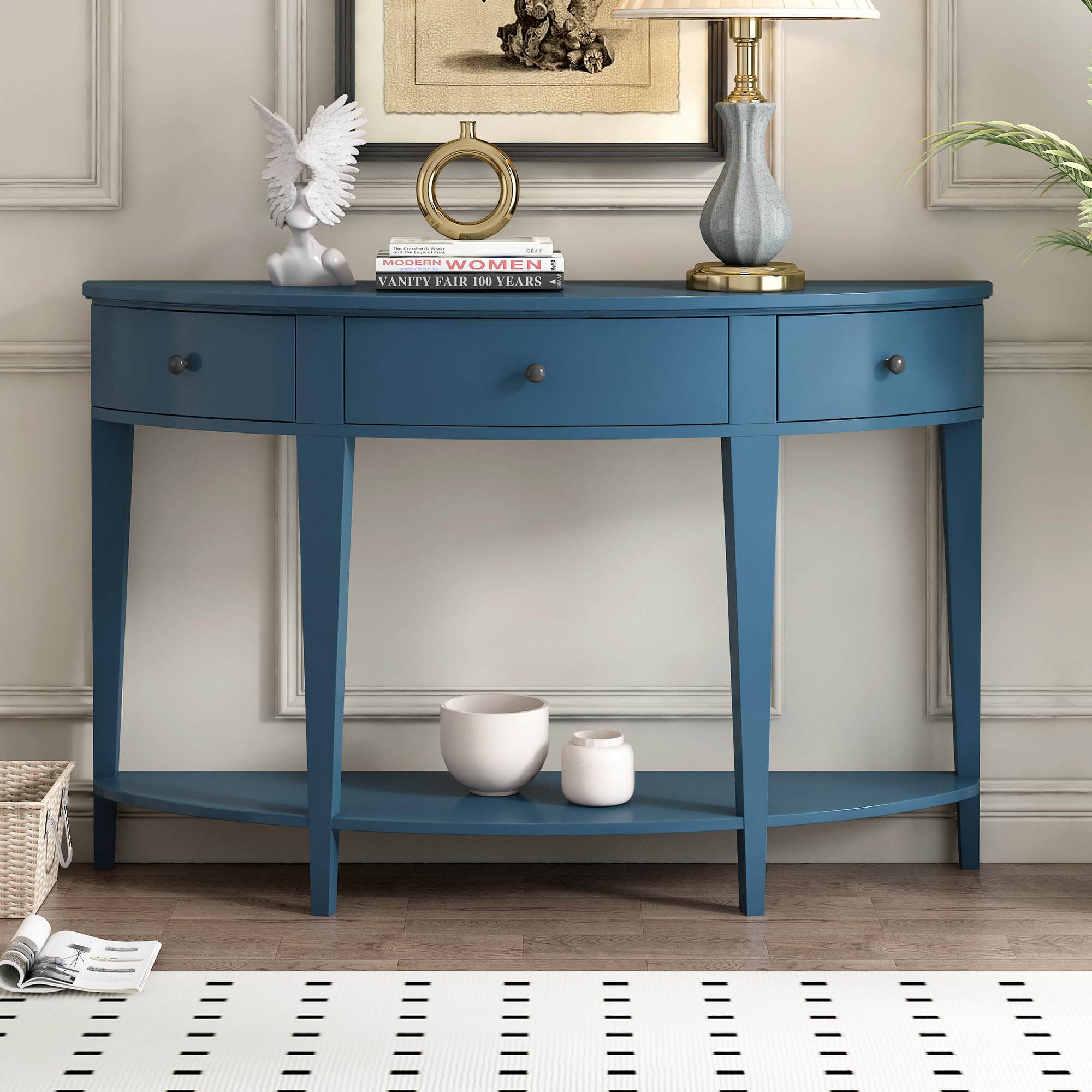 PURLOVE Modern Curved Console Table with Drawer - Solid Wood Entryway Table with Open Shelf for Hallway, Living Room & Foyer - Navy Blue Home Decor for Small Spaces & Apartment Entryways
