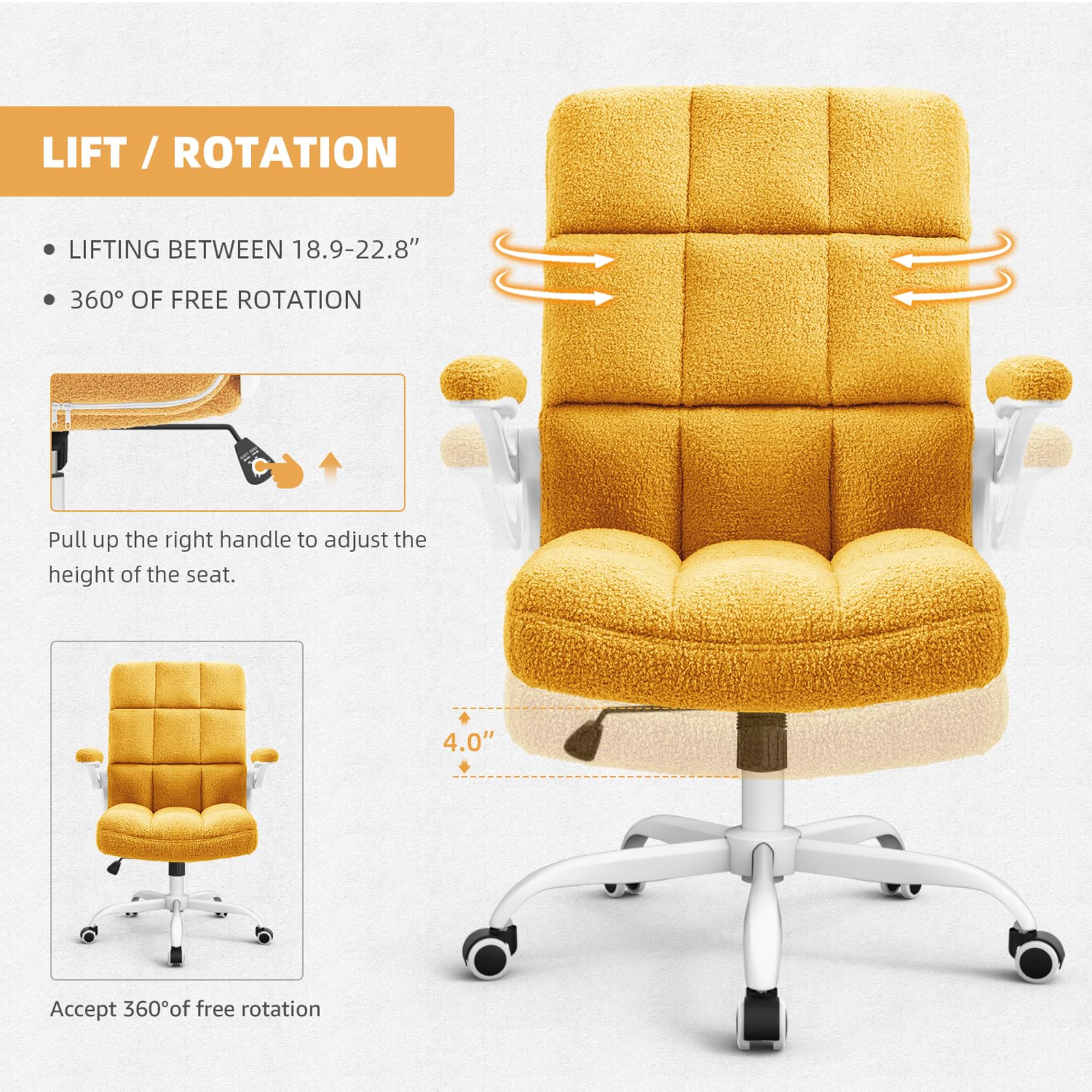 SEATZONE Yellow Office Chair with Flip-Up Armrests - Faux Fur Rolling Desk Chair with Wheels & Adjustable Back Tilt - Perfect for Home Office, Gaming, and Workspace Comfort