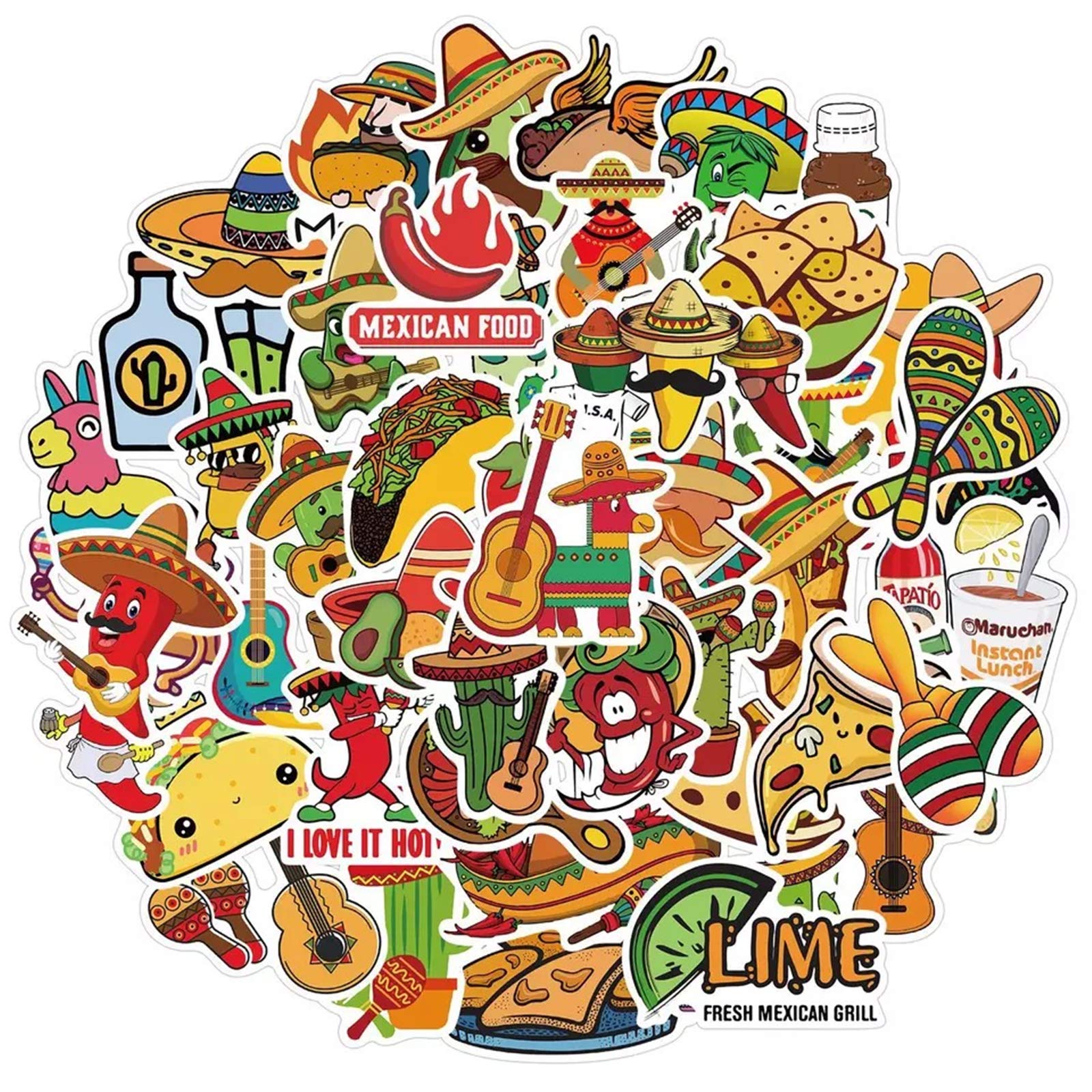 50pcs Mexican Food Stickers - Waterproof Vinyl Taco Stickers for Boys & Teens - Perfect for Laptops, Water Bottles & School Supplies