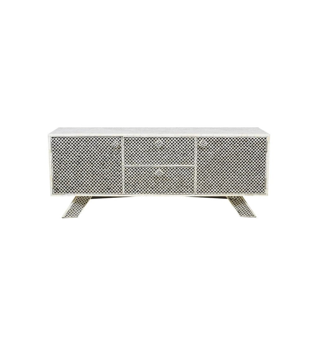 Handmade Bone Inlay Media Console TV Stand - Black Fish Scale Design Wooden Entertainment Center for Living Room, Bedroom & Home Theater