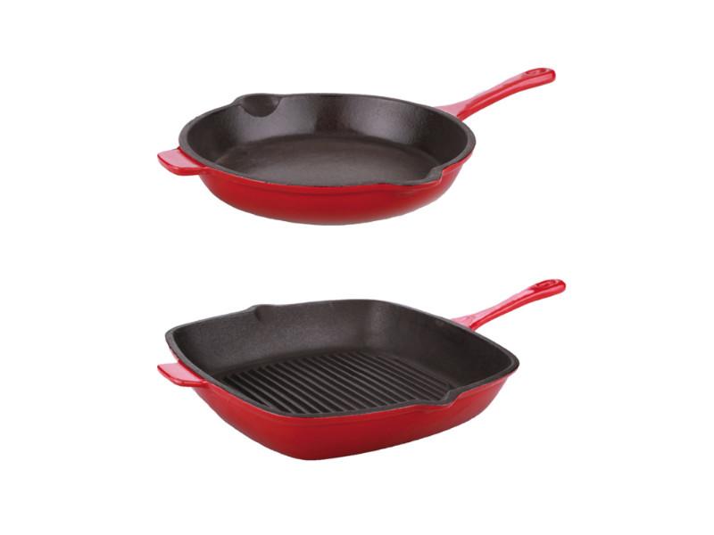 BergHOFF Neo 2-Piece Cast Iron Cookware Set - 10-Inch Fry Pan & 11-Inch Grill Pan, Red - Perfect for Stovetop Cooking, Grilling, and Oven Use
