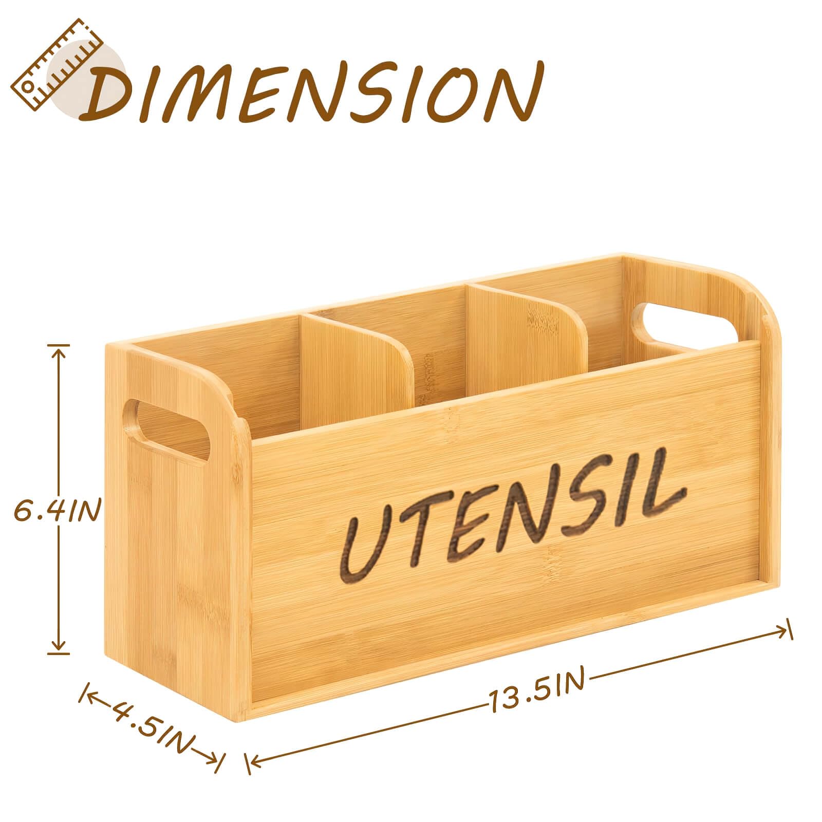 Bamboo Kitchen Utensil Holder - 3 Compartment Countertop Organizer with Removable Front Bezel for Spoons, Spatulas & Cooking Tools | Perfect for Kitchen Counter, Drawer or Pantry Storage