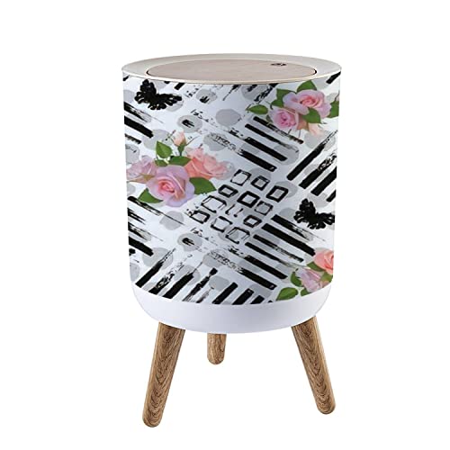 Small Trash Can with Lid - Hand-Drawn Geometric Rose, Stripes, Butterfly & Dots Design - 1.8 Gallon Seamless Round Waste Bin with Press Cover - Dog-Proof Garbage Bin for Kitchen, Bathroom & Living Room - Perfect for Home, Office & Dorm Decor