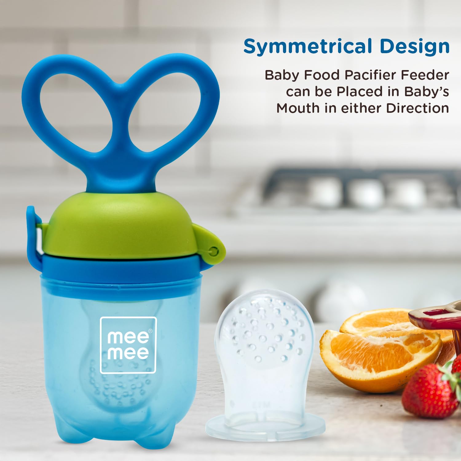 Mee Mee Advanced Baby Fruit & Food Feeder - BPA-Free Silicone Teether for Infants 6-12 Months | Safe Self-Feeding Training Tool with Easy-Grip Handle | Perfect for Introducing Solids, Soothing Teething Pain & On-the-Go Feeding (Blue)
