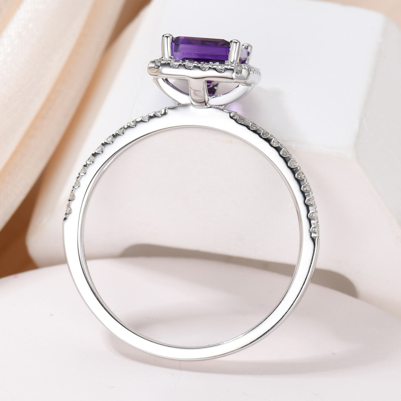 Natural 6x8mm Emerald Cut Amethyst Engagement Ring - 14k White Gold Halo Prong Set with Diamonds | Elegant Wedding Band for Brides, Anniversary Gift & Romantic Proposal Jewelry