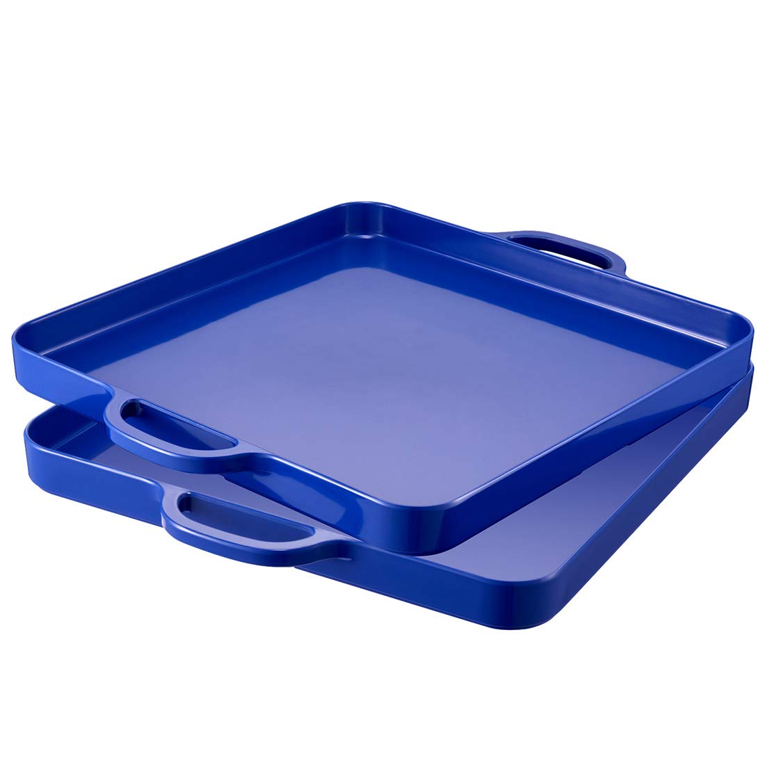 Square Melamine Serving Trays with Handles - 12.5x12.5 Inch Spill-Proof Dark Blue Kitchen Trays (Set of 2) for Cafeteria, Restaurant, Home Use - Perfect for Appetizers, Desserts, Snacks, Breakfast, Lunch & Dinner Serving