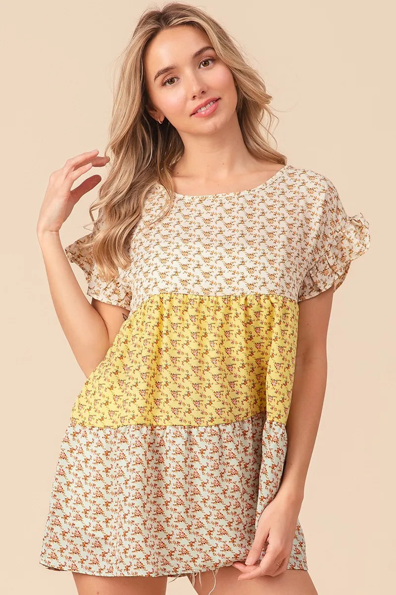 BiBi Floral Printed Woven Color Block Tiered Blouse - Women's Fashion Boho Chic Tunic Top for Casual Wear, Summer Outfits & Beach Vacations