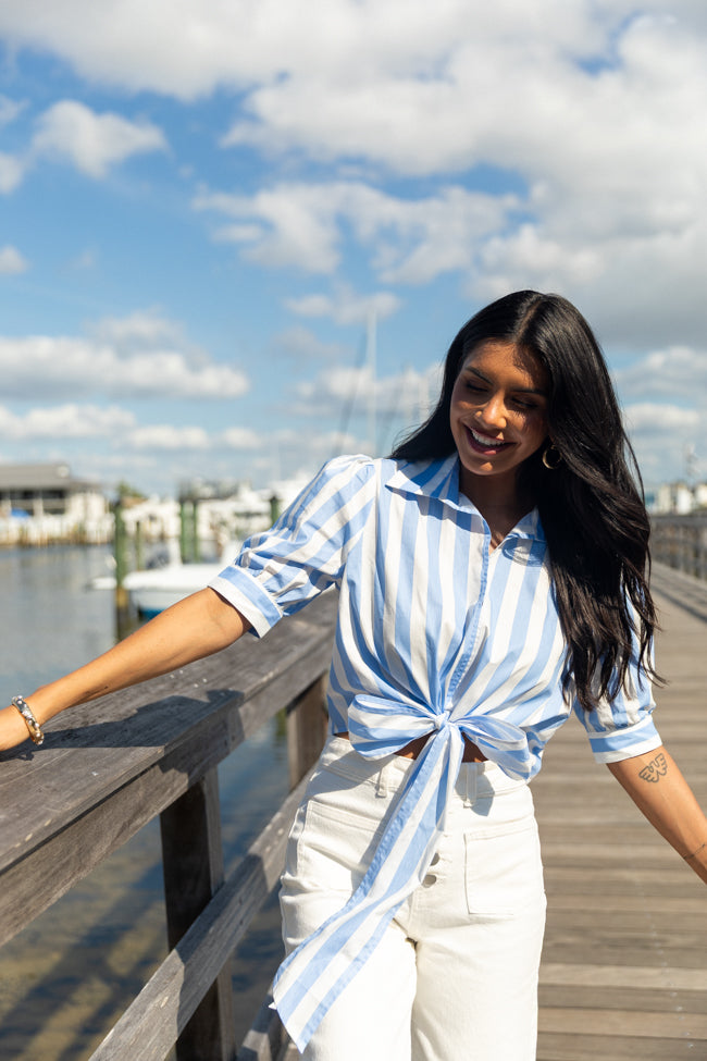 Stylish Blue Striped Tie Front Collared Blouse for Women | Office Wear & Business Casual Outfits | Perfect for Work, Meetings & Professional Events