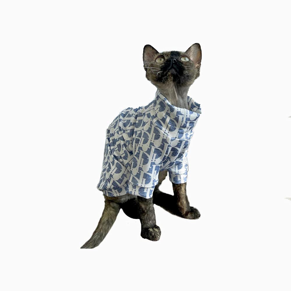 Premium Sphynx Cat Clothes - Soft Milk Silk Elastic Outfit for Hairless Cats, Blue Pattern Size S - Perfect for Indoor Comfort & Stylish Pet Fashion