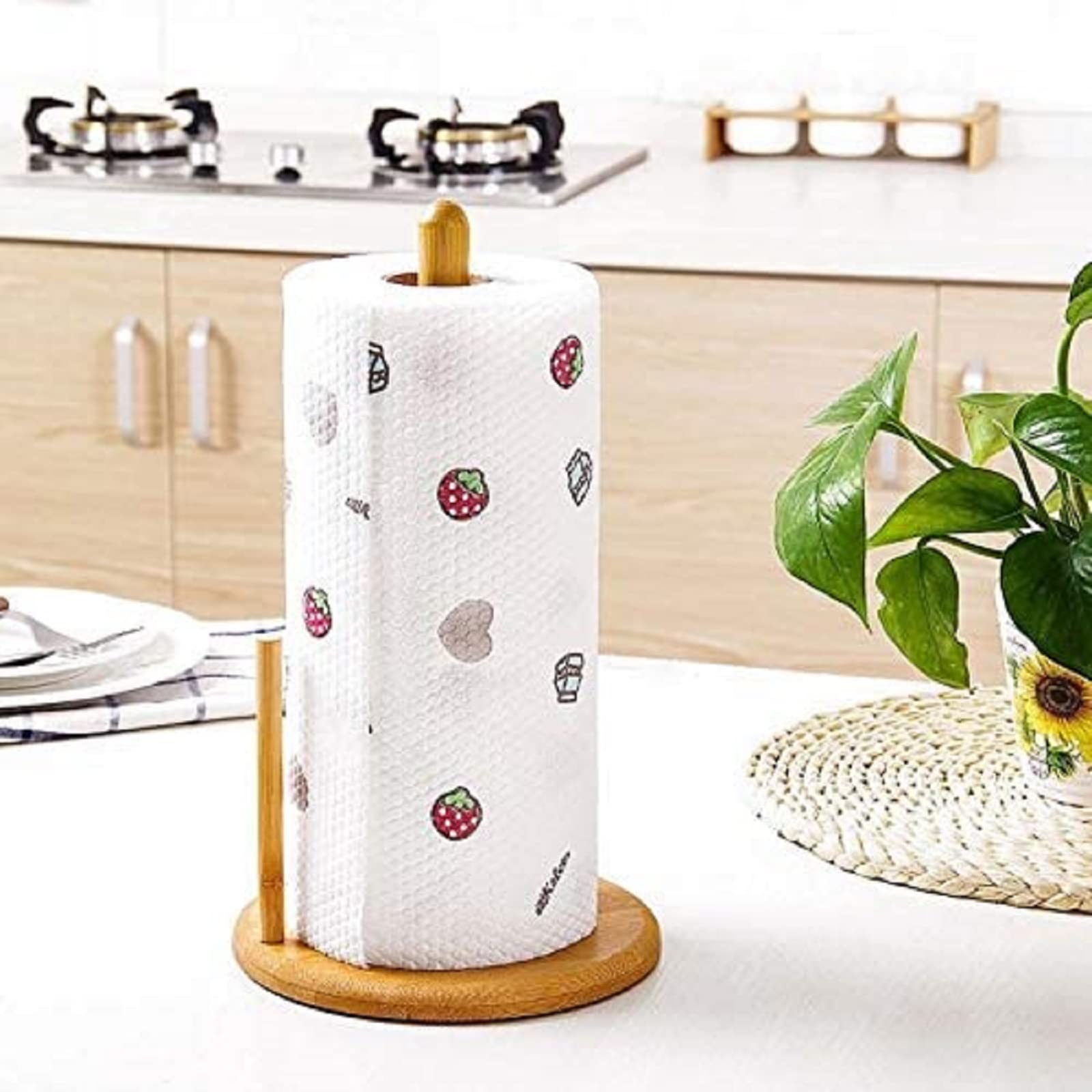 Bamboo Paper Towel Holder Stand - Wooden Kitchen & Bathroom Towel Roll Organizer Rack for Cabinet, Countertop - Perfect for Home, Office, and RV Use
