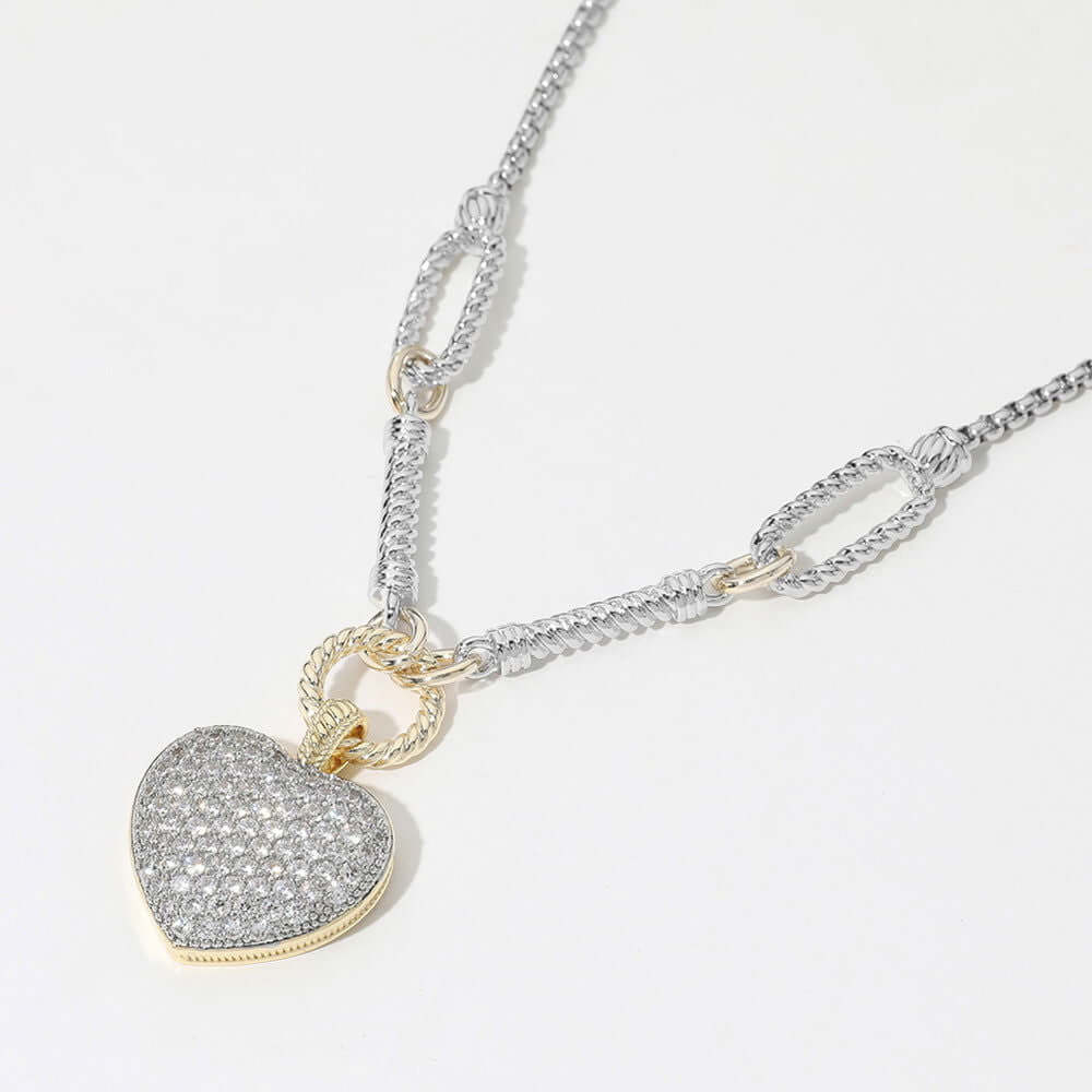 14K Gold Plated Two Tone Cubic Zirconia Heart Pendant Necklace for Women - Elegant Valentine's Day Gift, Anniversary Present & Everyday Jewelry