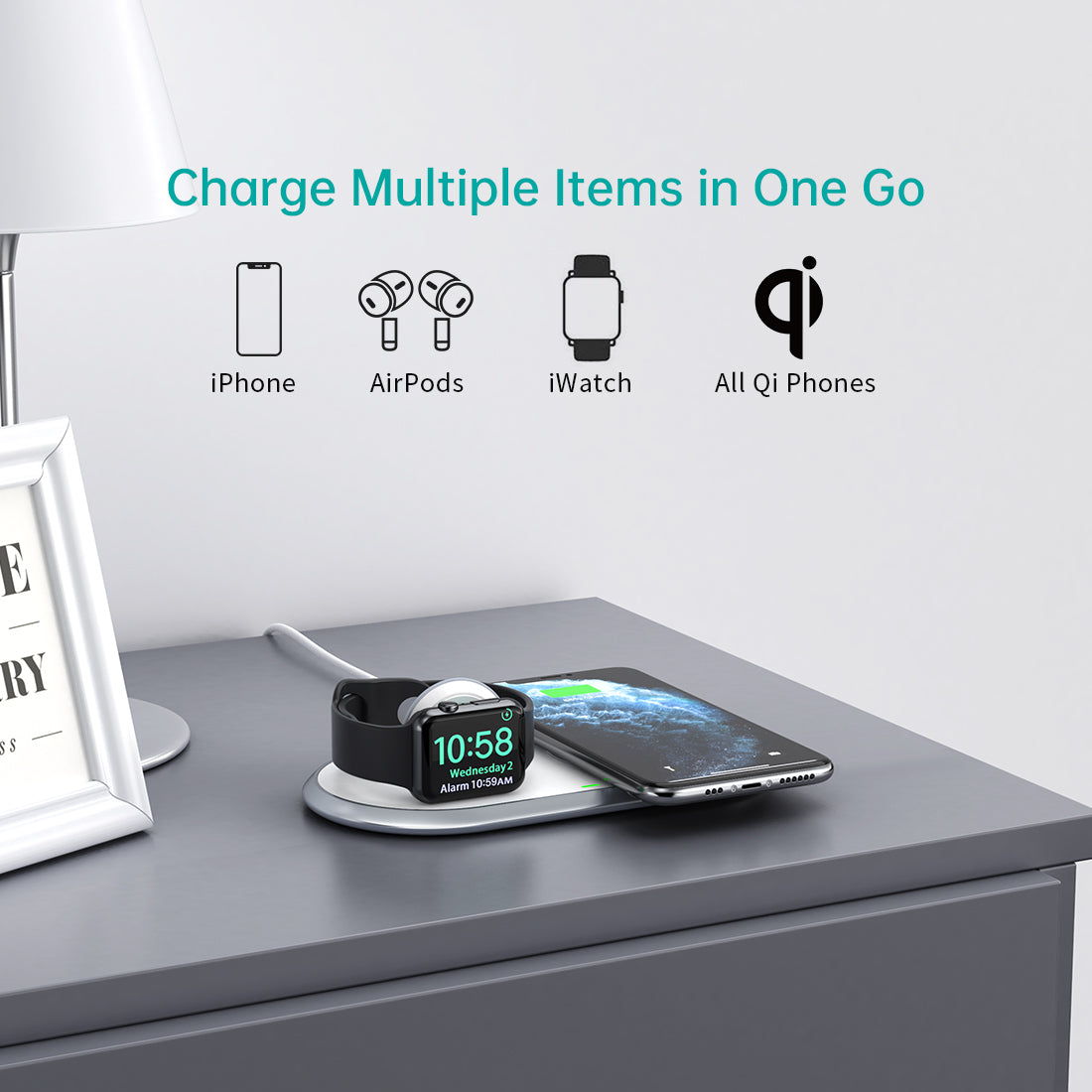 2 in 1 Wireless Charger with MFi Certification - Fast Charging Stand for iPhone & Apple Watch | Perfect for Bedside, Office & Travel Use