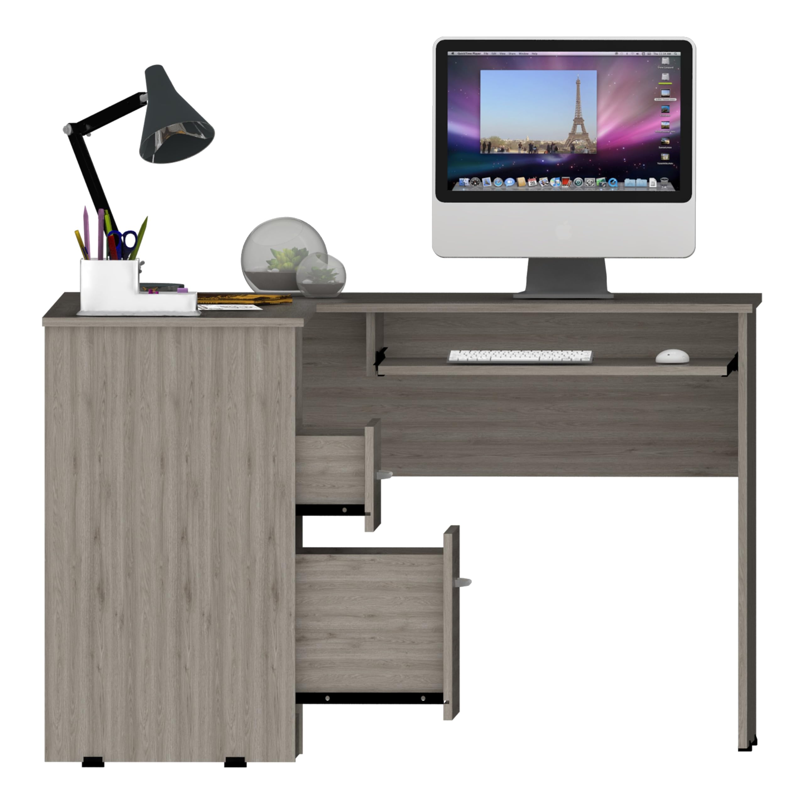 Tuhome L-Shaped Computer Desk with Keyboard Tray, 2 Storage Drawers & Open Shelf - Light Gray Home Office Workstation for Small Spaces | Study Desk for Students, Gaming Setup for PC Gamers