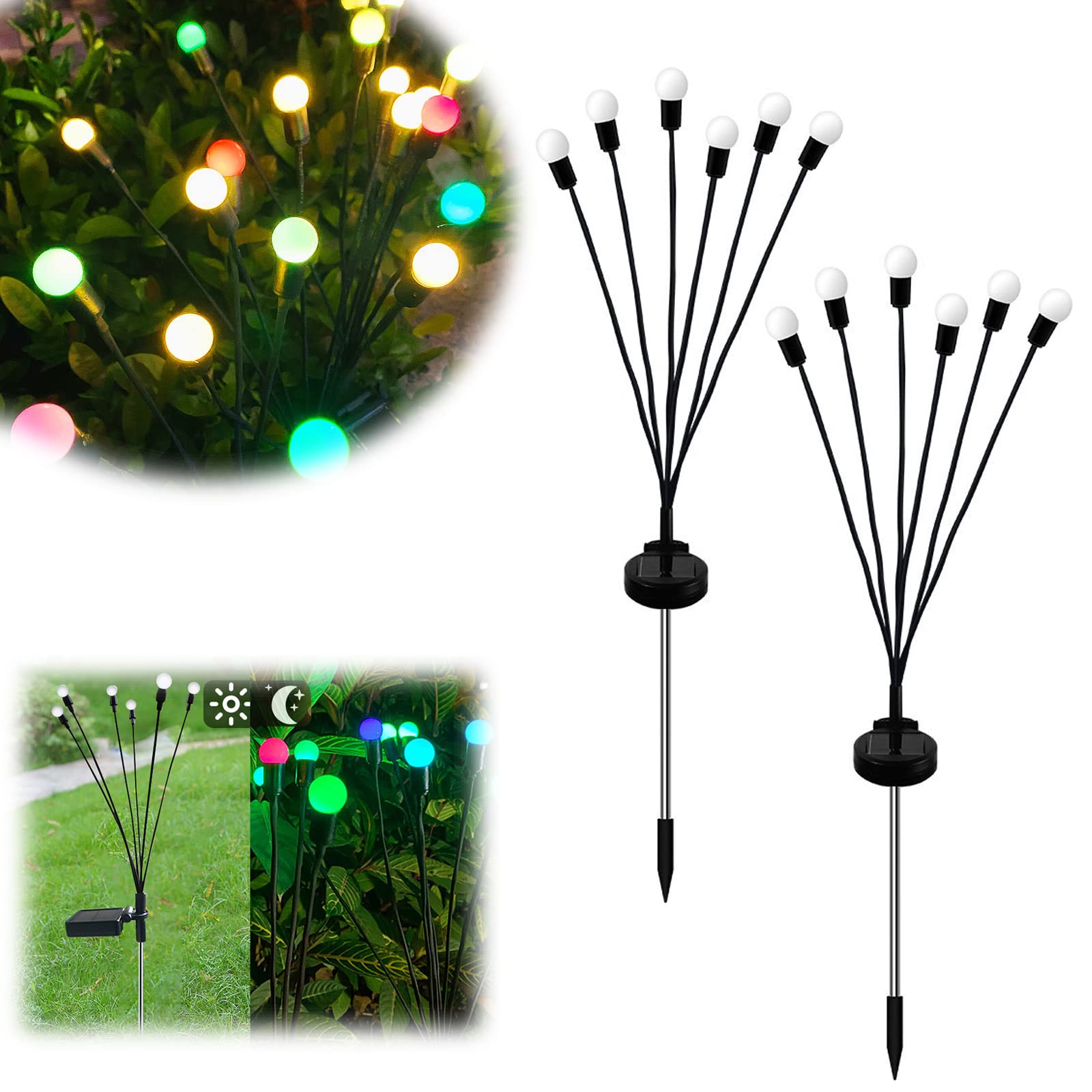 Solar Starburst Swaying Garden Lights - 6 Head Colored LED Outdoor String Lights with Wind-Activated Motion | Perfect for Patio, Yard, and Backyard Decor