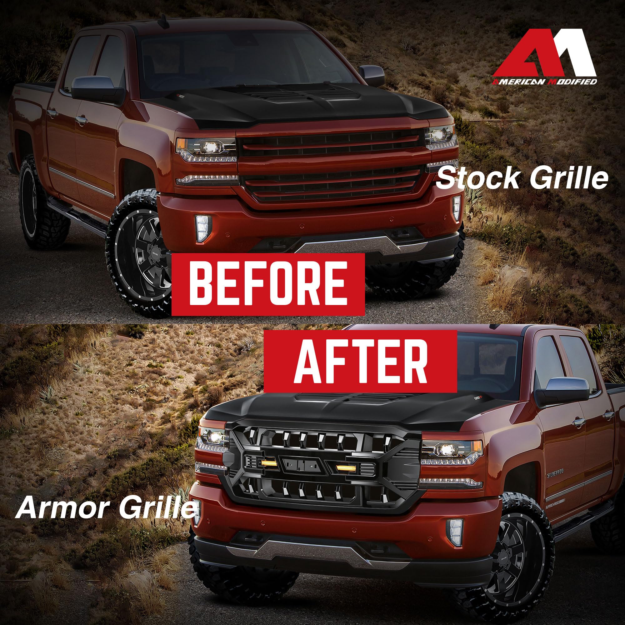2016-2019 Chevrolet Silverado 1500 AMERICAN MODIFIED Armor Grille with Amber LED Lights & Emblem Base - Glossy Black | Heavy-Duty Front Grille Replacement for Off-Road & Truck Customization