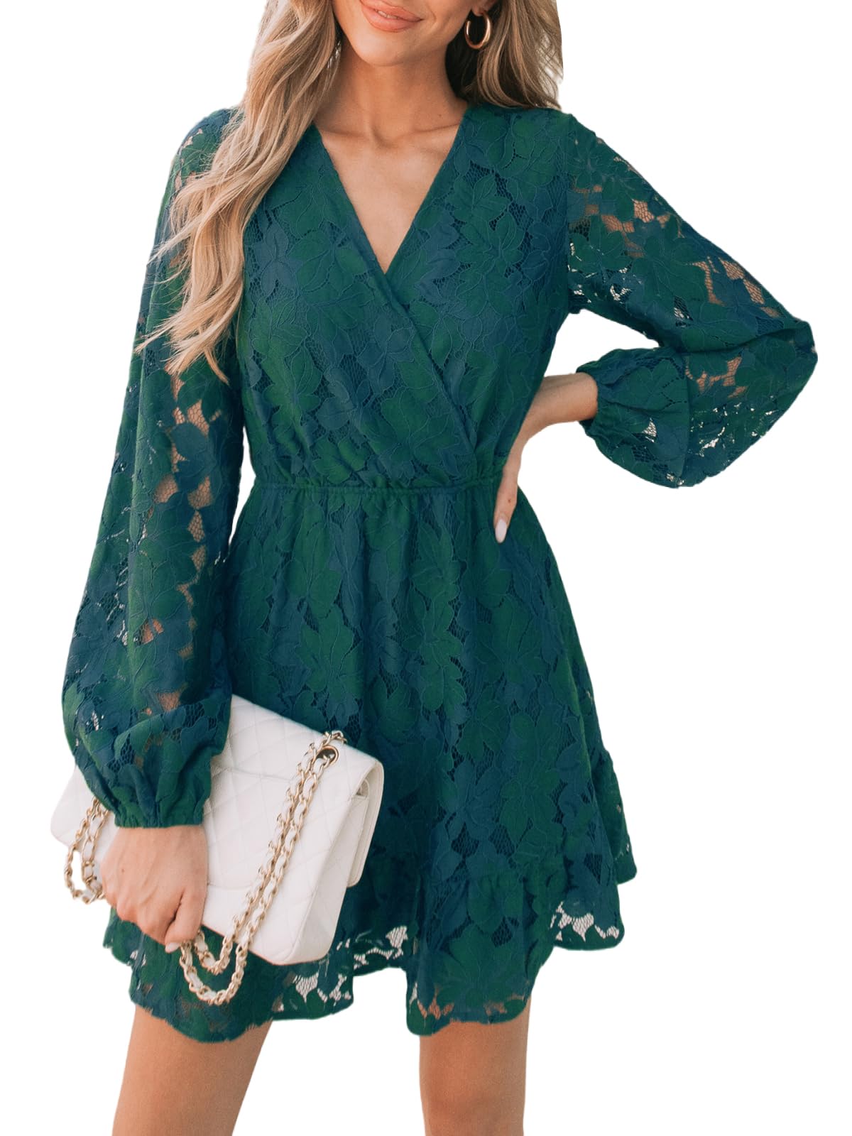 CUPSHE Women's Elegant V-Neck Lace Peasant Sleeve Summer Dress - High Waist A-Line Mini Dress for Wedding Guest, Beach Party & Casual Outings