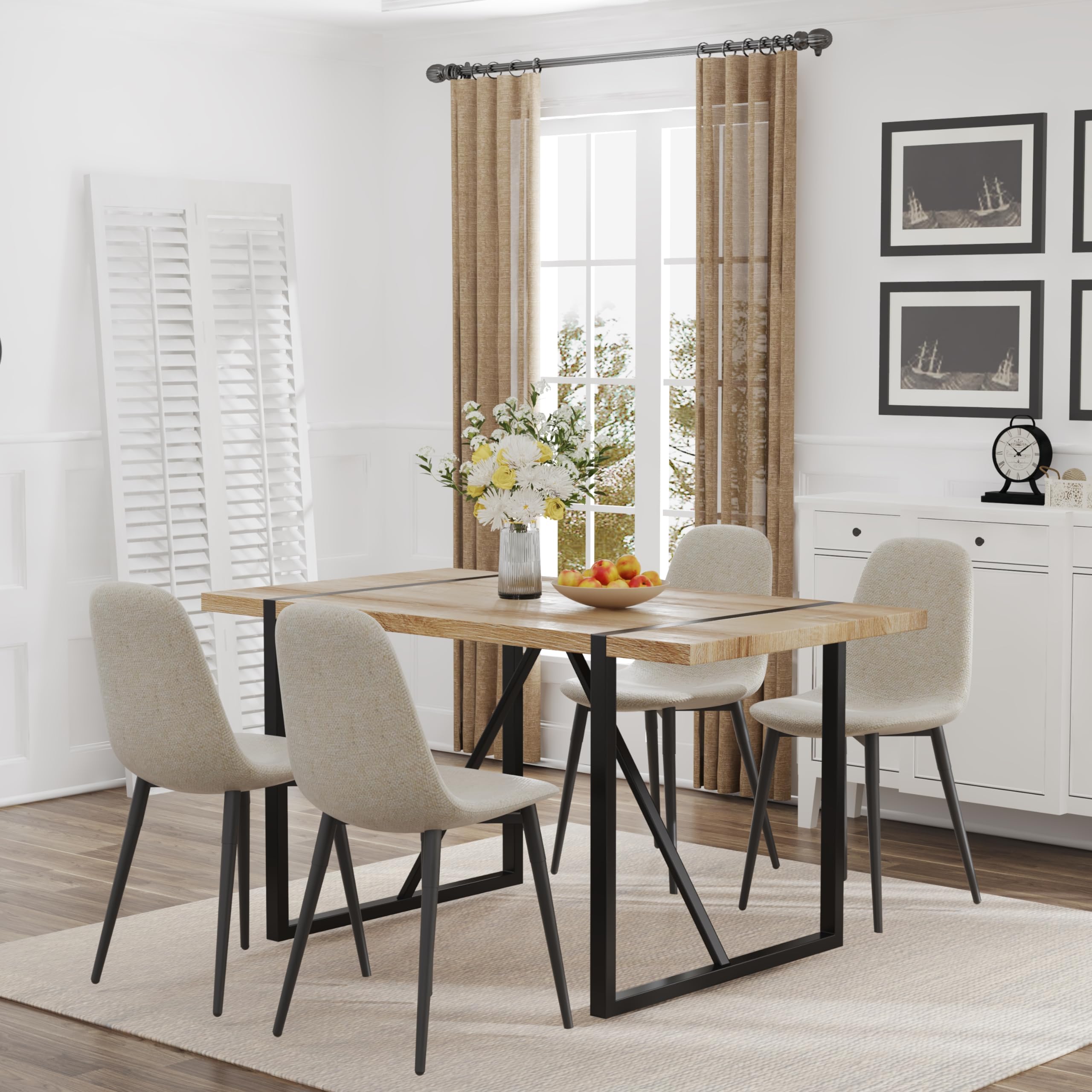 5-Piece Modern Wooden Dining Table Set with Fabric Chairs for 4 - Rectangle Kitchen Table & 4 Seater Dining Chairs - Perfect for Small Spaces, Apartments & Family Meals