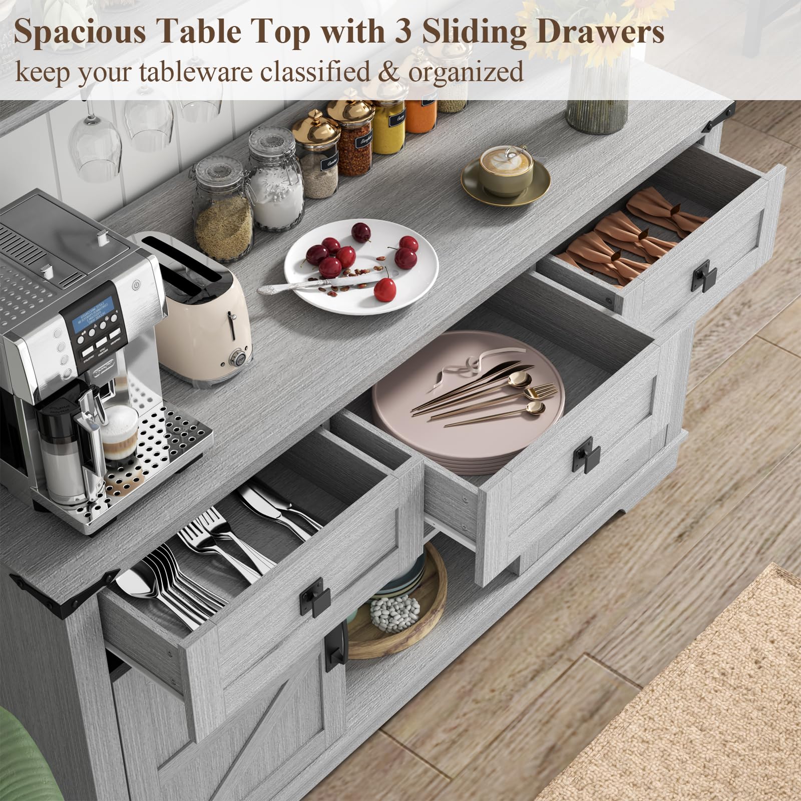 Farmhouse Bar Cabinet with Hutch - Kitchen Buffet Storage Cabinet with 3 Sliding Drawers, Adjustable Shelves & Goblet Holder - Grey - Perfect for Living Room, Dining Room, Home Bar & Entertaining