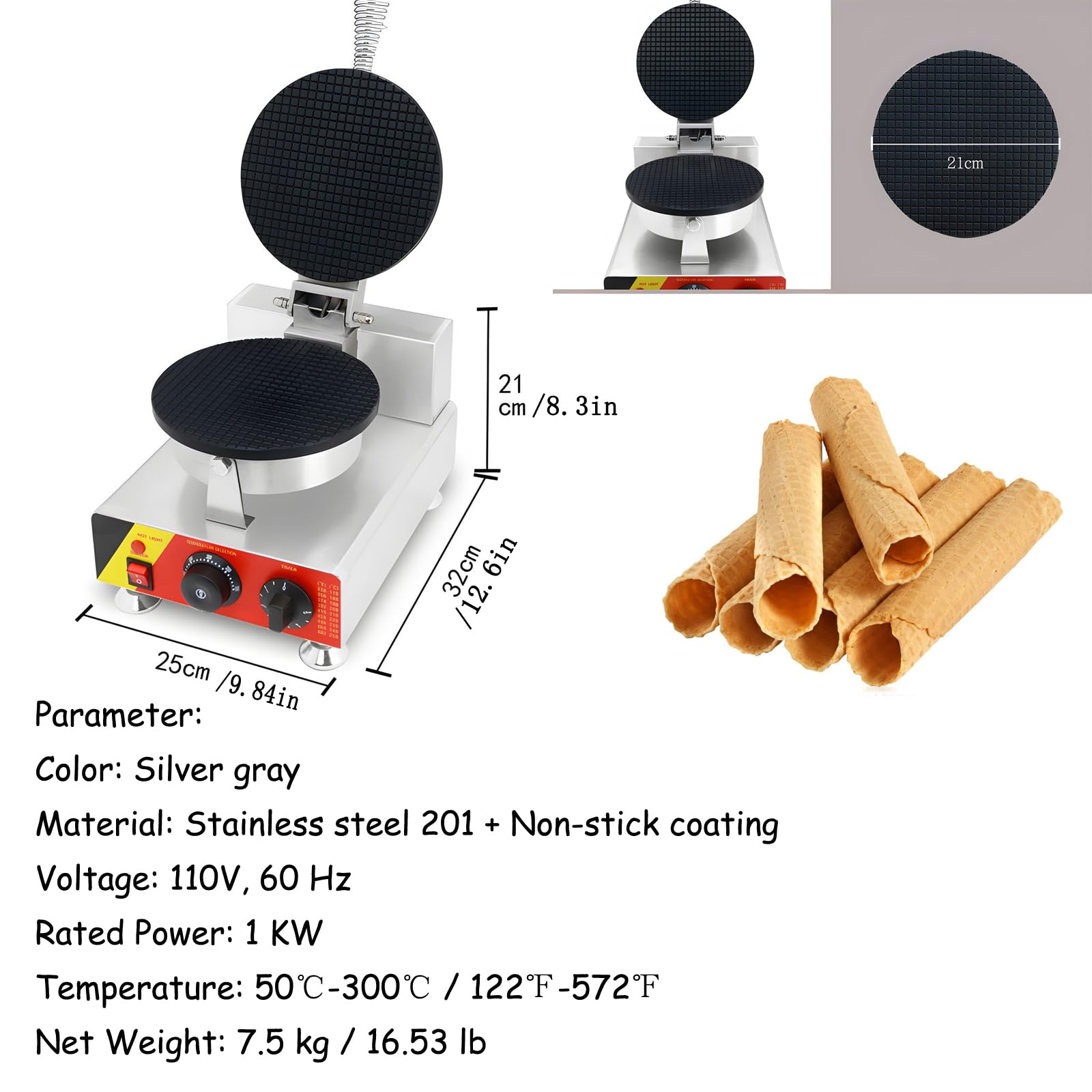 Commercial 110V Electric Waffle Cone Maker Machine - Stainless Steel Single Station Ice Cream Cone Baker with Adjustable Temperature (50-300℃) - Perfect for Restaurants, Bakeries, Ice Cream Shops and Home Use