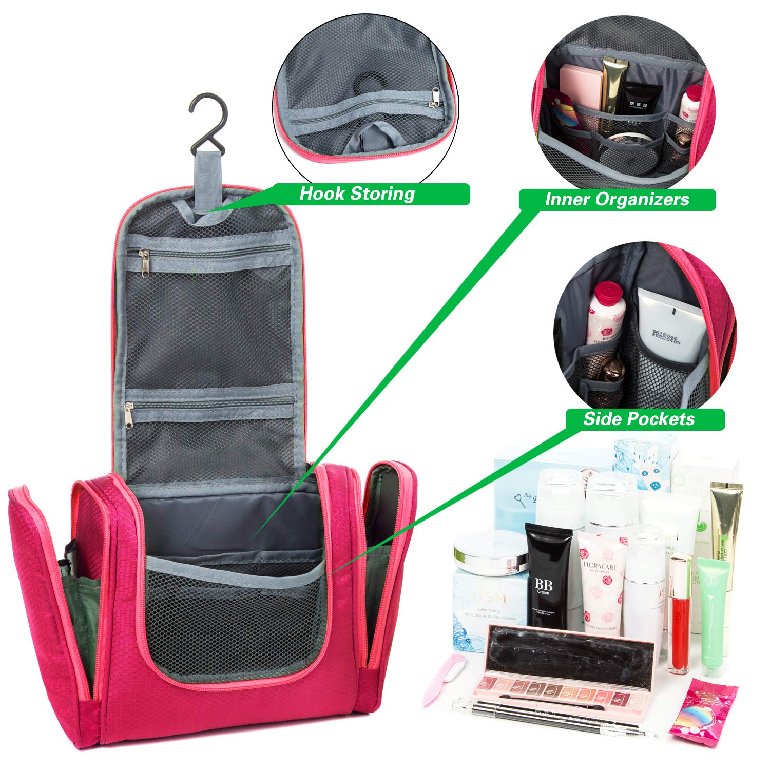 Waterproof Hanging Travel Toiletry Bag for Women & Men - Large Cosmetic Organizer with Multiple Pockets - Perfect for Bathroom, Camping & Airplane Travel (Pink)