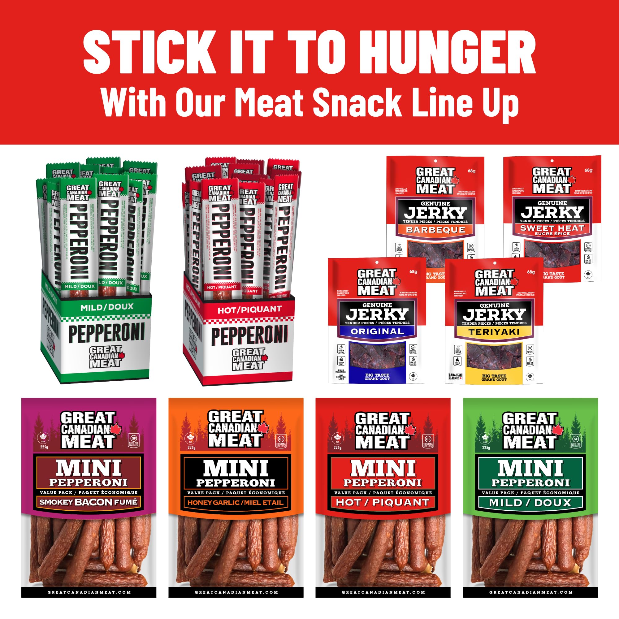 Great Canadian Meat Hot Pepperoni Sticks Box - 18 Sticks x 22g | Gluten Free, High Protein Meat Snacks for Carnivores | Perfect for On-the-Go Snacking, Camping, Hiking & Road Trips