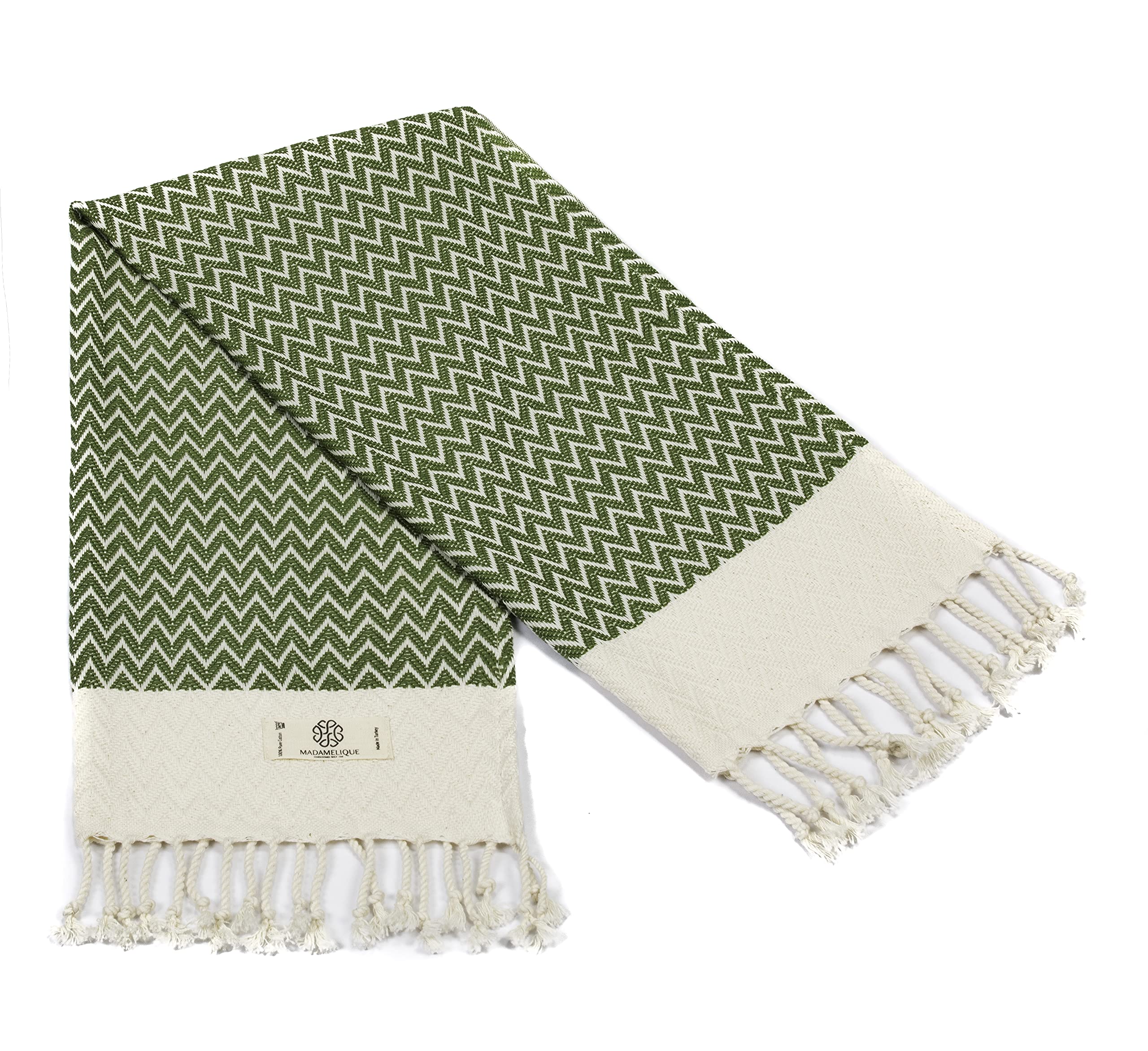 Madamelique Exclusive 100% Cotton Hand Towels Set of 2 (18x40 Inches) - Soft Absorbent Peshtemal Bath Towels for Bathroom, Kitchen, Yoga & Spa - Olive Green Decorative Turkish Towels for Hand, Face, Hair & Dish Drying - Perfect for Home, Travel & Gift Giving