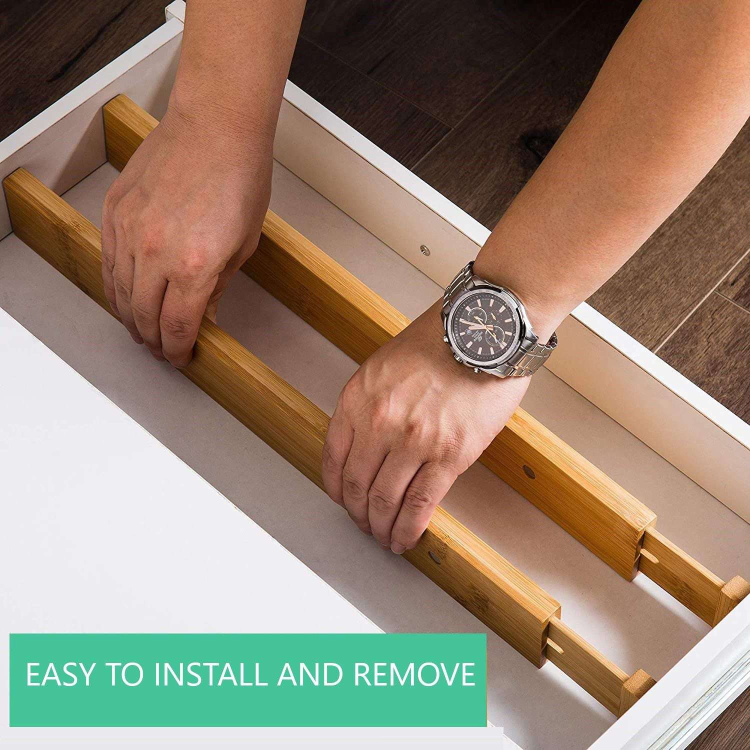 12 Pack Bamboo Adjustable Kitchen Drawer Organizers - Large Size (44-55cm) for Utensils, Spices & Cutlery - Perfect for Pantry, Office & Bathroom Storage