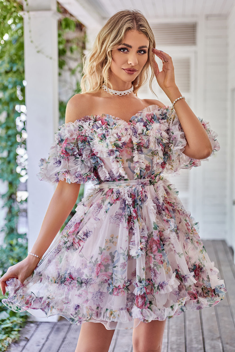 Elegant Fuchsia A-Line Off Shoulder Tulle Short Homecoming Dress with Short Sleeves - Perfect for Prom, Party, and Special Occasions