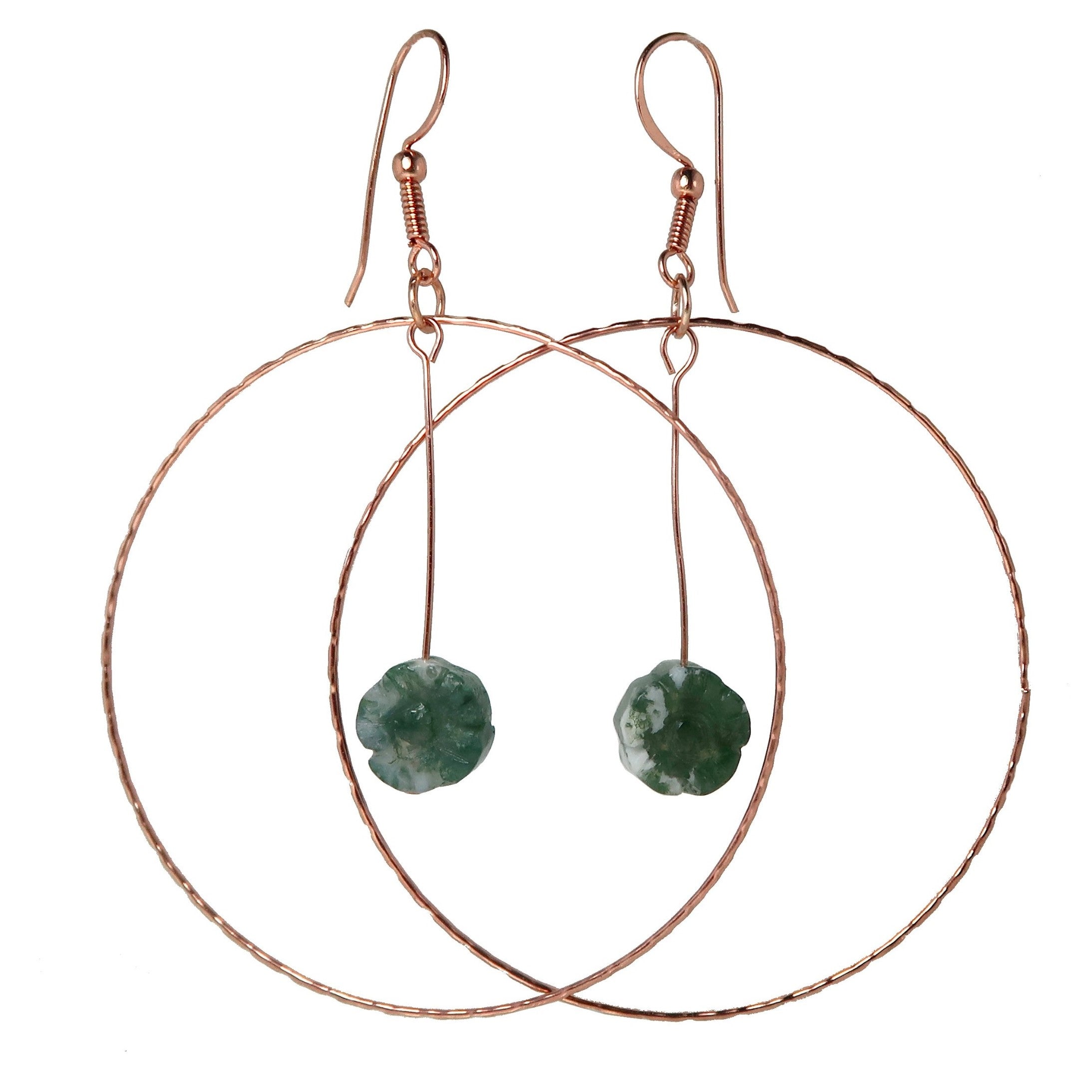 Natural Moss Agate Flower Hoop Earrings for Women - Green Gemstone Copper Jewelry for Boho Style & Everyday Wear
