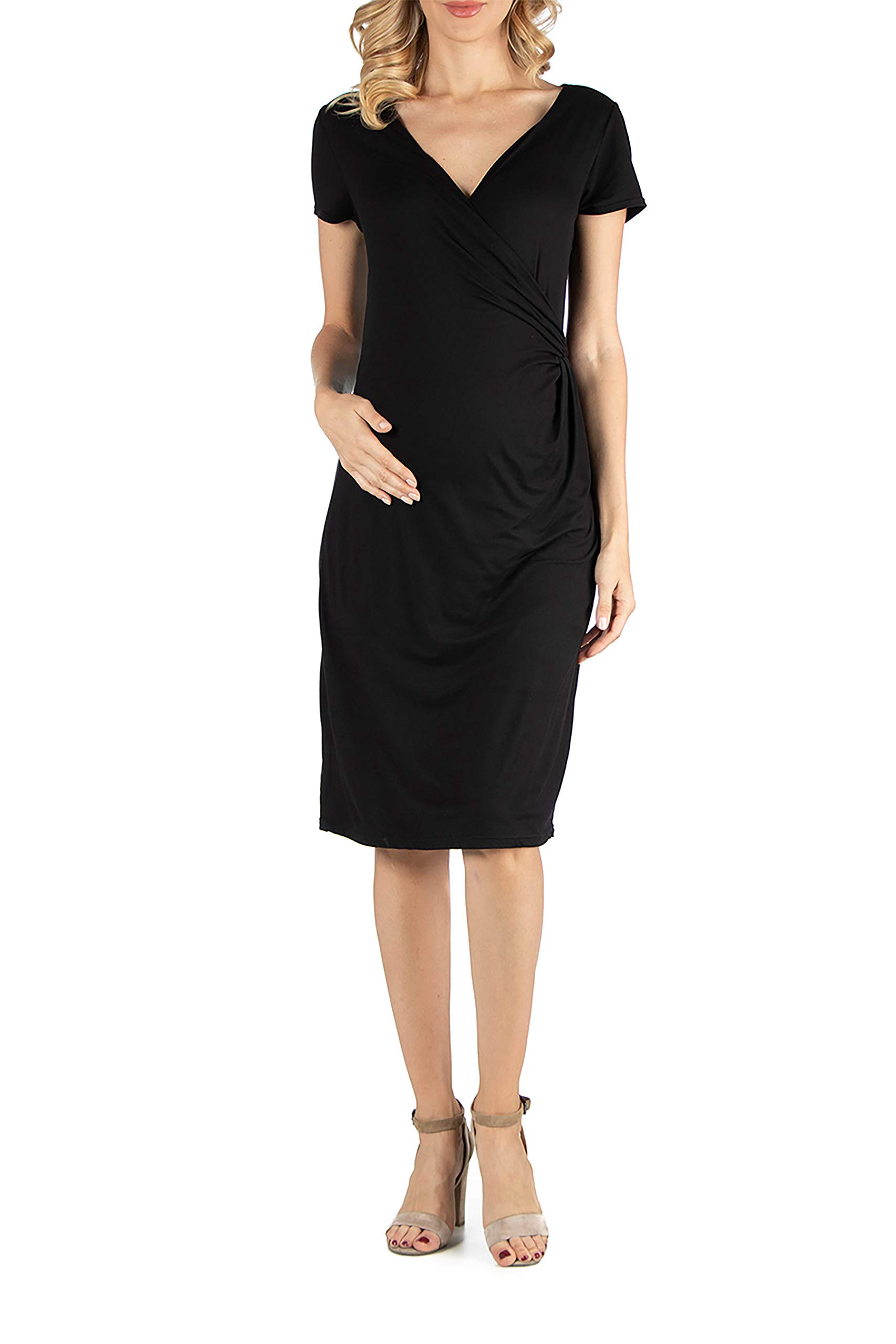 24Seven Comfort Women's Maternity V-Neck Short Sleeve Knee-Length Faux Wrap Dress - Made in USA - Small to 3X - Perfect for Pregnancy, Nursing & Everyday Wear