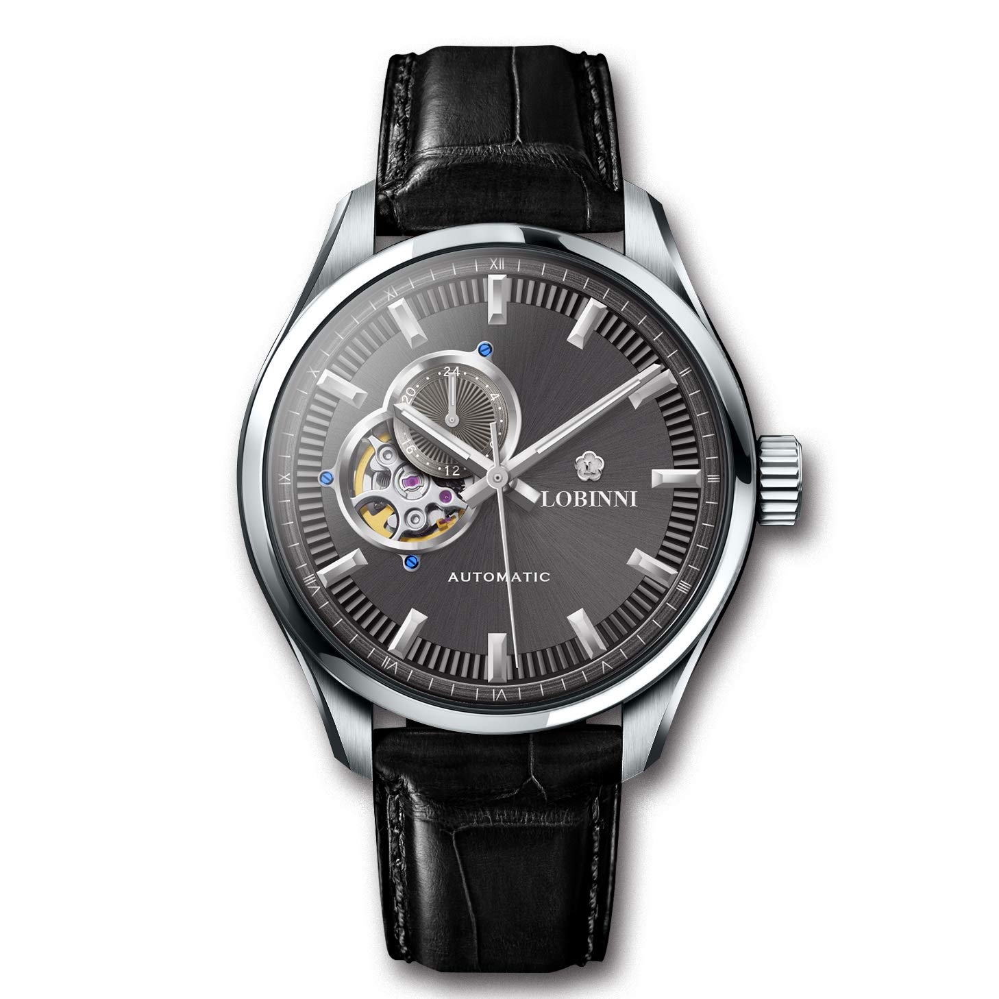 LOBINNI Men's Automatic Mechanical Watch - 50M Water Resistant, Genuine Leather & Stainless Steel Strap, Business Hollow-Out Design, Self-Winding Movement - Perfect for Office Wear, Formal Events & Everyday Use (Model P8)