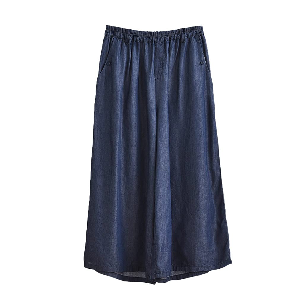 Women's Denim Tencel Wide Leg Pants - Elastic Waist Summer Trousers with Pockets - Loose Fit Ankle-Length Pants (Blue, Large) - Casual Outfit for Work, Travel & Everyday Wear