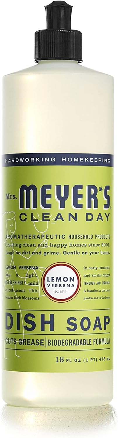 Mrs. Meyer's Clean Day Lemon Verbena Dish Soap - 16 oz (Pack of 18) | Plant-Based, Biodegradable & Scented Dishwashing Liquid for Kitchen, Hand Wash & Grease Cutting | Perfect for Daily Cleaning, Eco-Friendly Homes & Sustainable Living