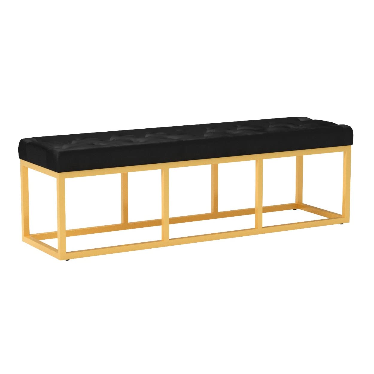 24K Gold Upholstered Tufted Long Bench with Golden Metal Legs - Black Velvet Padded Seat Sofa Bench for Bedroom, Living Room & Entryway