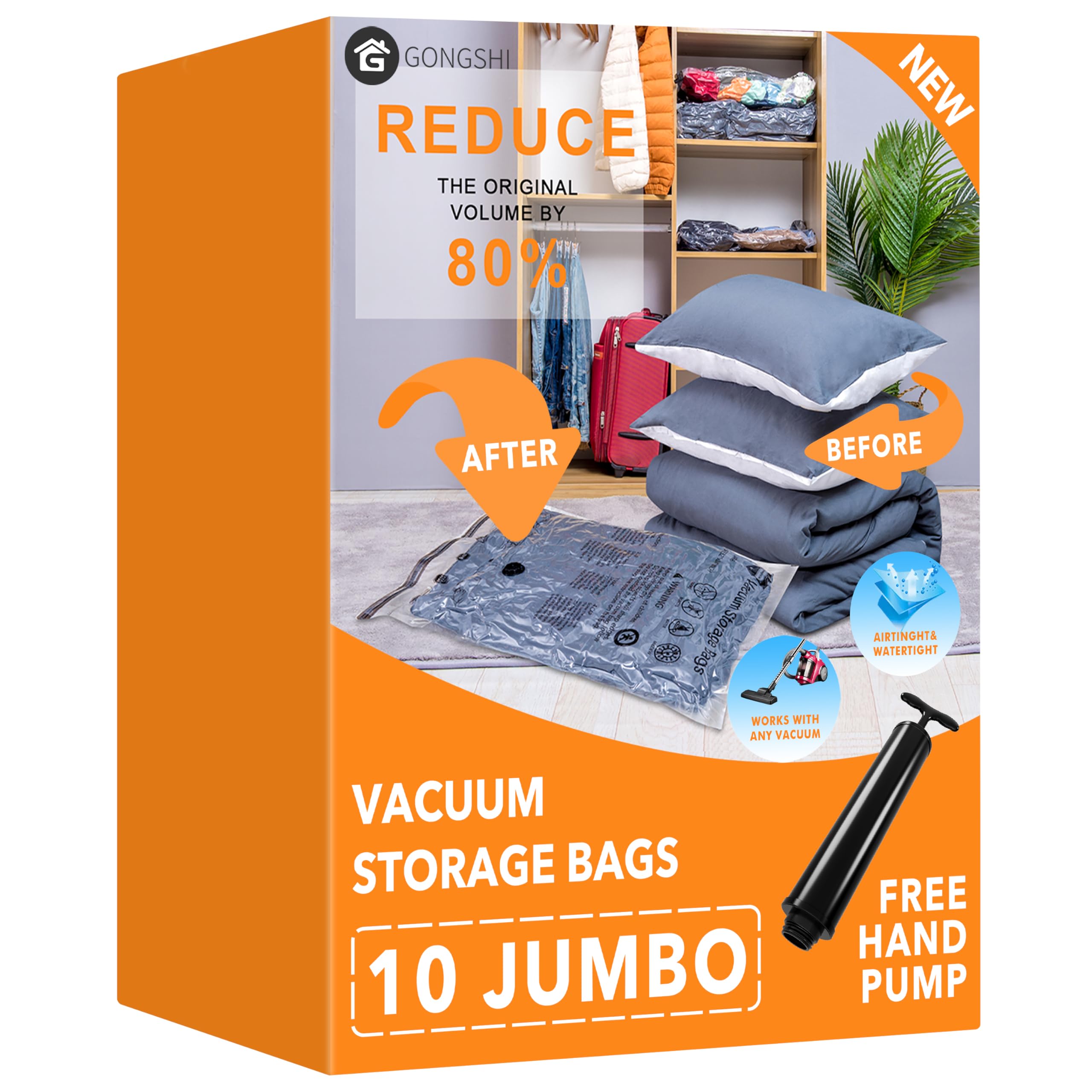 10 Jumbo Vacuum Storage Bags with Hand Pump - Space Saving Compression Bags for Blankets, Comforters, Pillows & Clothes | Perfect for Travel, Seasonal Storage & Home Organization