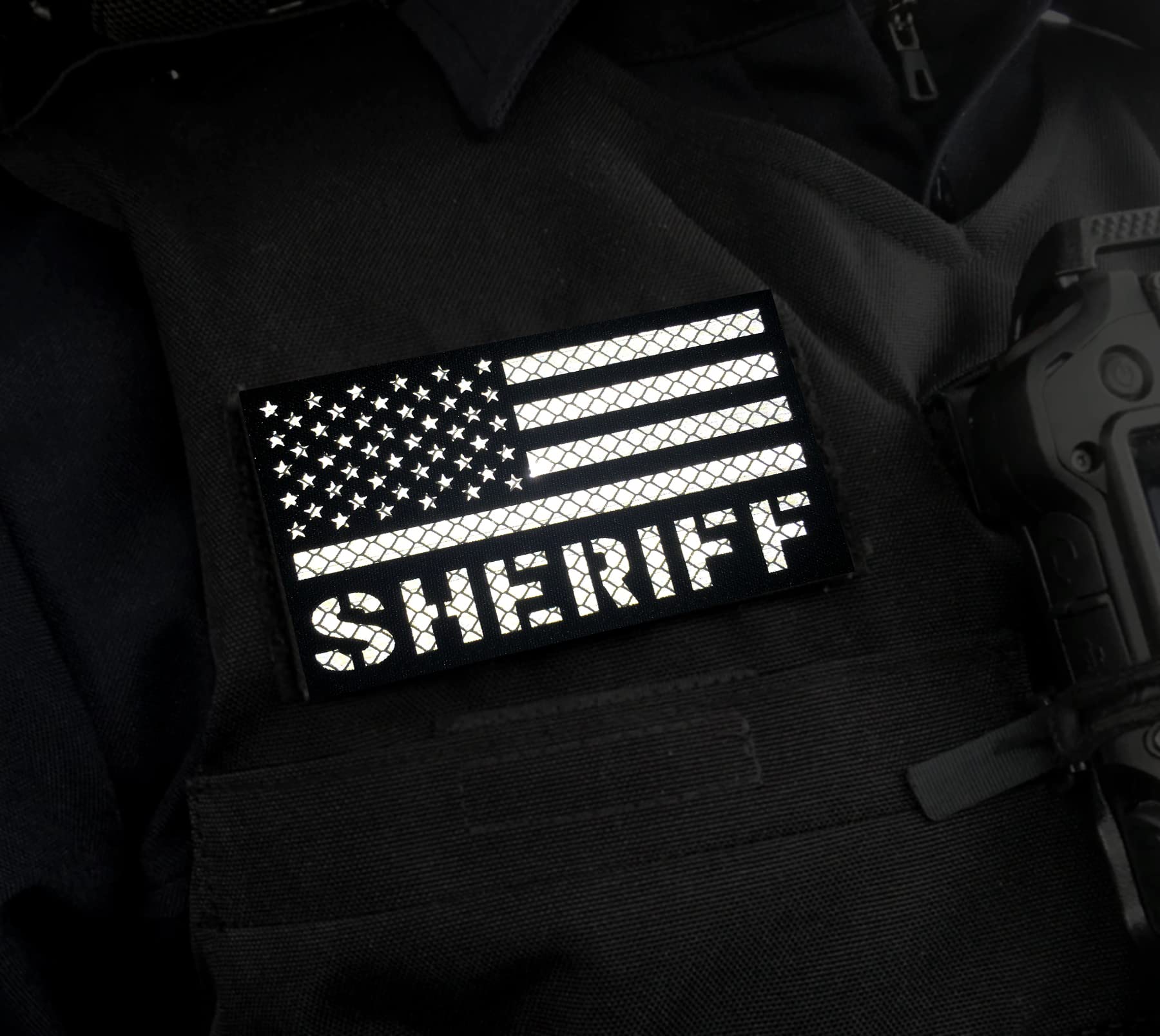 2 Pack US Flag Sheriff Patch - Hook Back for Tactical Vest & Collar - Reflective, Black-White - Perfect for Police & Military Gear