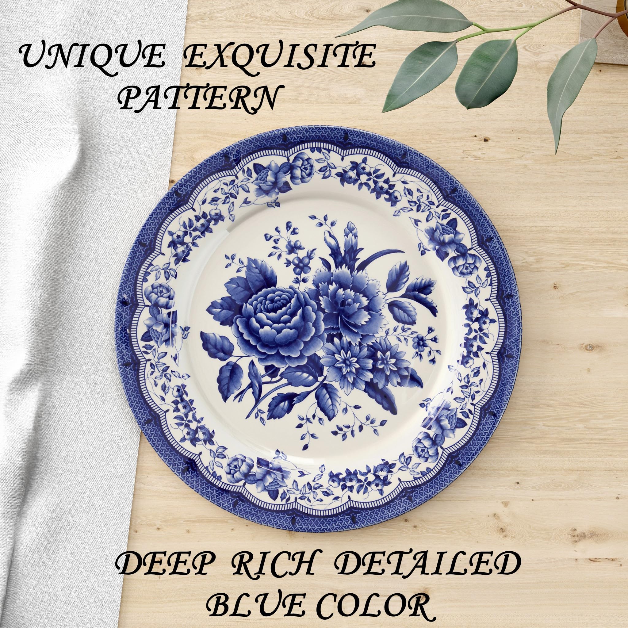 Tudor Royal 12-Piece Porcelain Dinnerware Set - Blue Floral Design for 4, Elegant Tableware for Dining & Entertaining