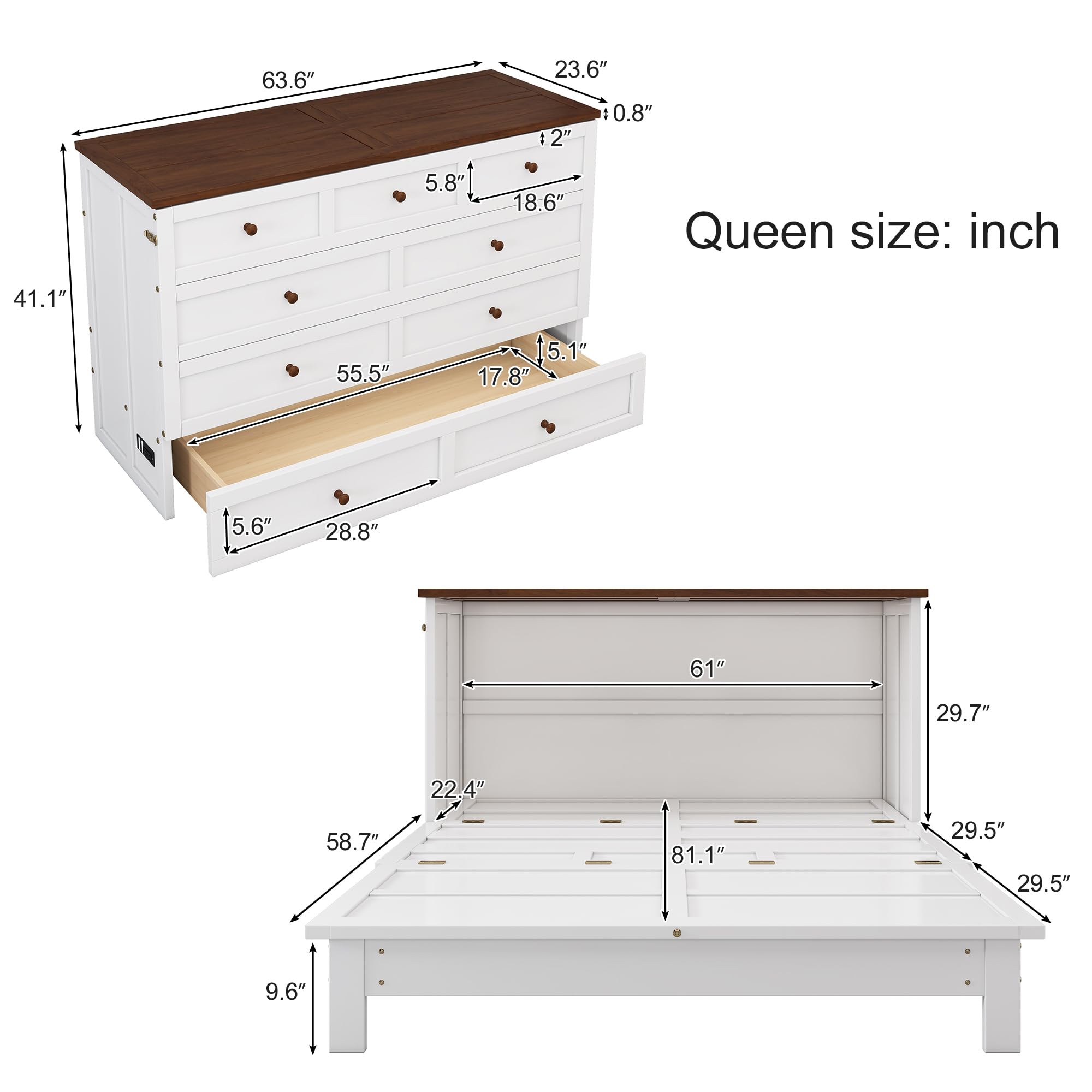 Queen Size Murphy Bed Cabinet with USB Charging Station & Large Storage Drawer - Solid Wood Wall Bed Frame, Foldable Space Saving Design for Small Rooms - Perfect for Home Office, Guest Room or Studio Apartment (White & Walnut Finish)