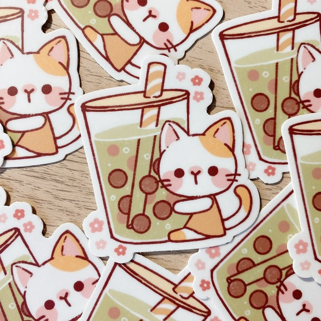 Bubble Tea Cat Sticker - Cute Kawaii Cat with Boba Drink Vinyl Decal for Laptops, Water Bottles & DIY Crafts - Perfect for Scrapbooking, Journaling & Gift Decorations