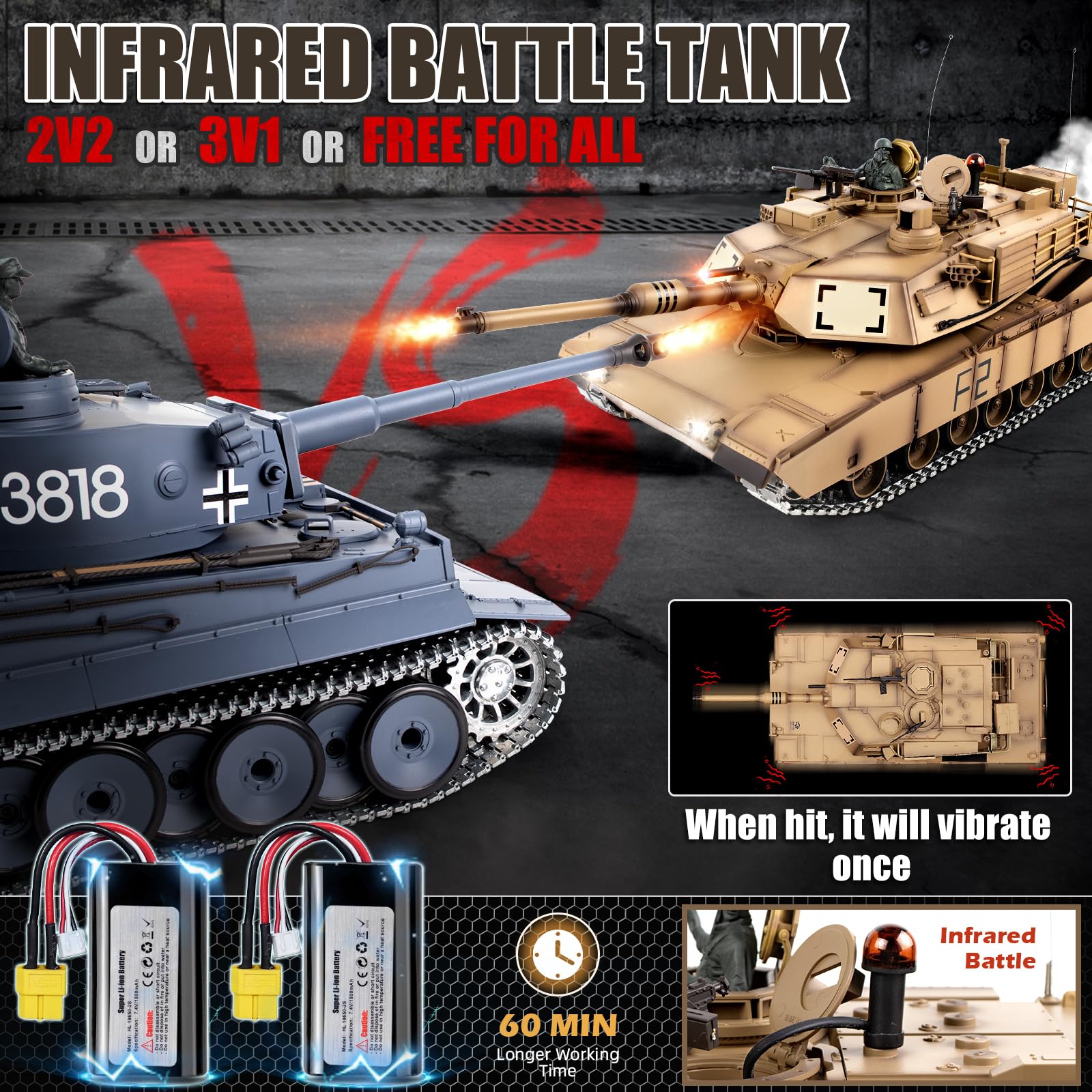 1/16 Scale RC Tank - US M1A2 Abrams Remote Control Military Toy with Smoke, Sound & LED Lights | Upgraded Metal Tracks, Steel Gearbox & Rechargeable Batteries | Realistic Battle Simulation for Adults & Kids | Outdoor Play & Collectible Display
