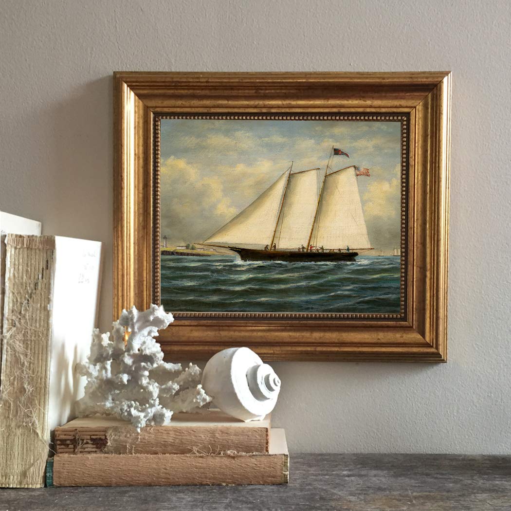Schooner Bay Co. - Yacht America Under Full Sail Oil Painting Print on Canvas with Gold Frame - Nautical Wall Art Decor for Living Room, Office, or Bedroom - Ready to Hang - Perfect for Home, Office, or Boat Lover's Gift