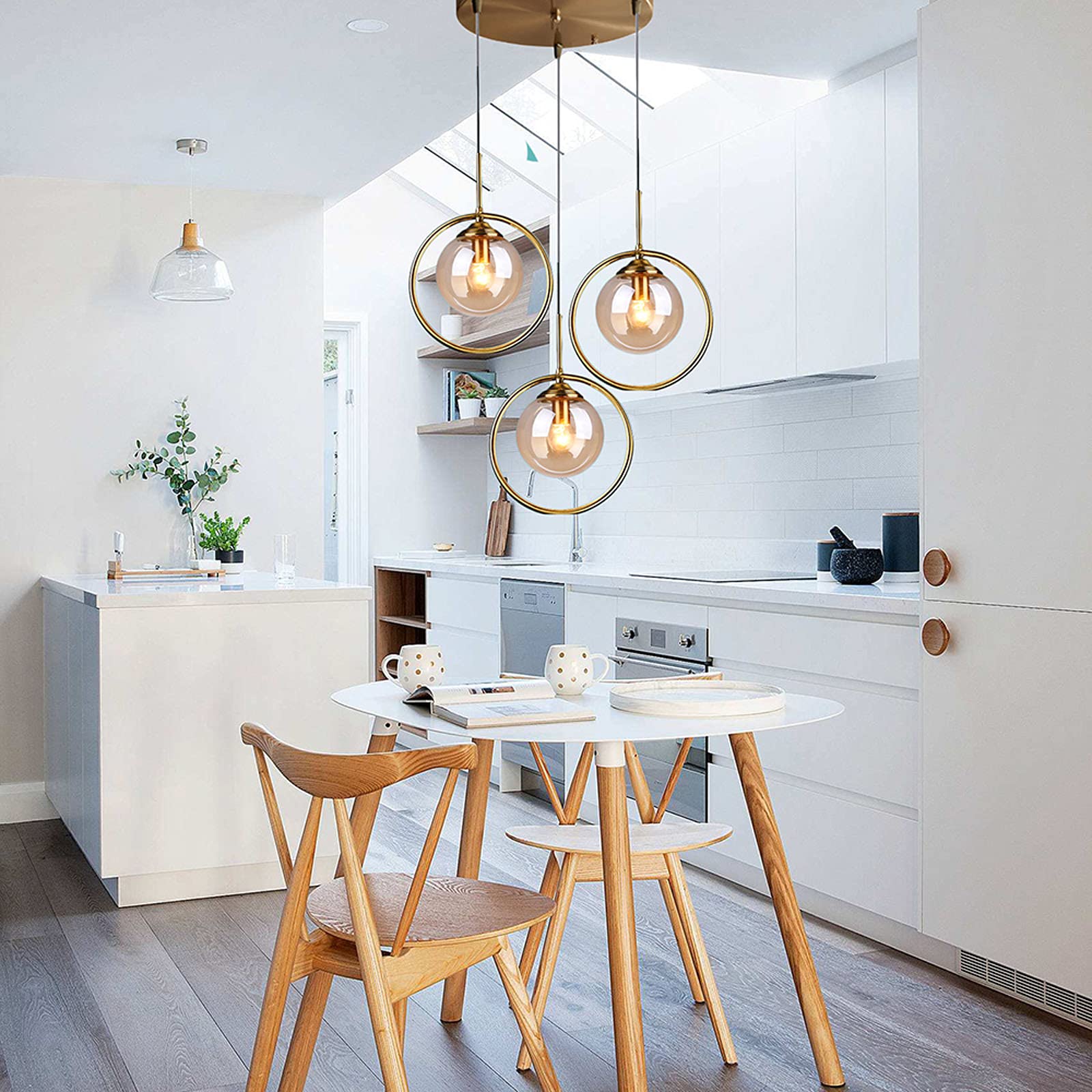 Vintage Industrial 3-Light Pendant Lighting Fixture - Brass Metal Ring with Glass Globe Shade, Retro Ceiling Hanging Lamp for Dining Room, Kitchen Island, Bar, or Living Room Chandelier (Amber)