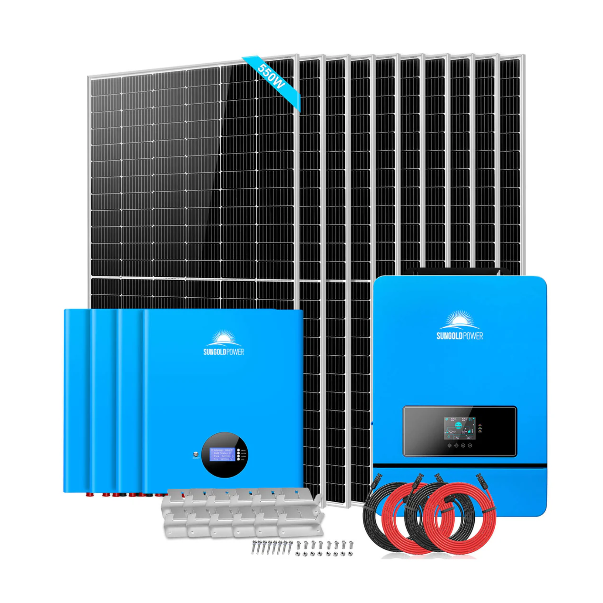 SunGoldPower 10KW Off Grid Solar Kit - 10 x 550W Solar Panels, 4 x 5.12kWh Lithium Battery, 48VDC 120V/240V Inverter | Complete Solar Power System for Homes, Cabins & Emergency Backup (SGR-10K25S)