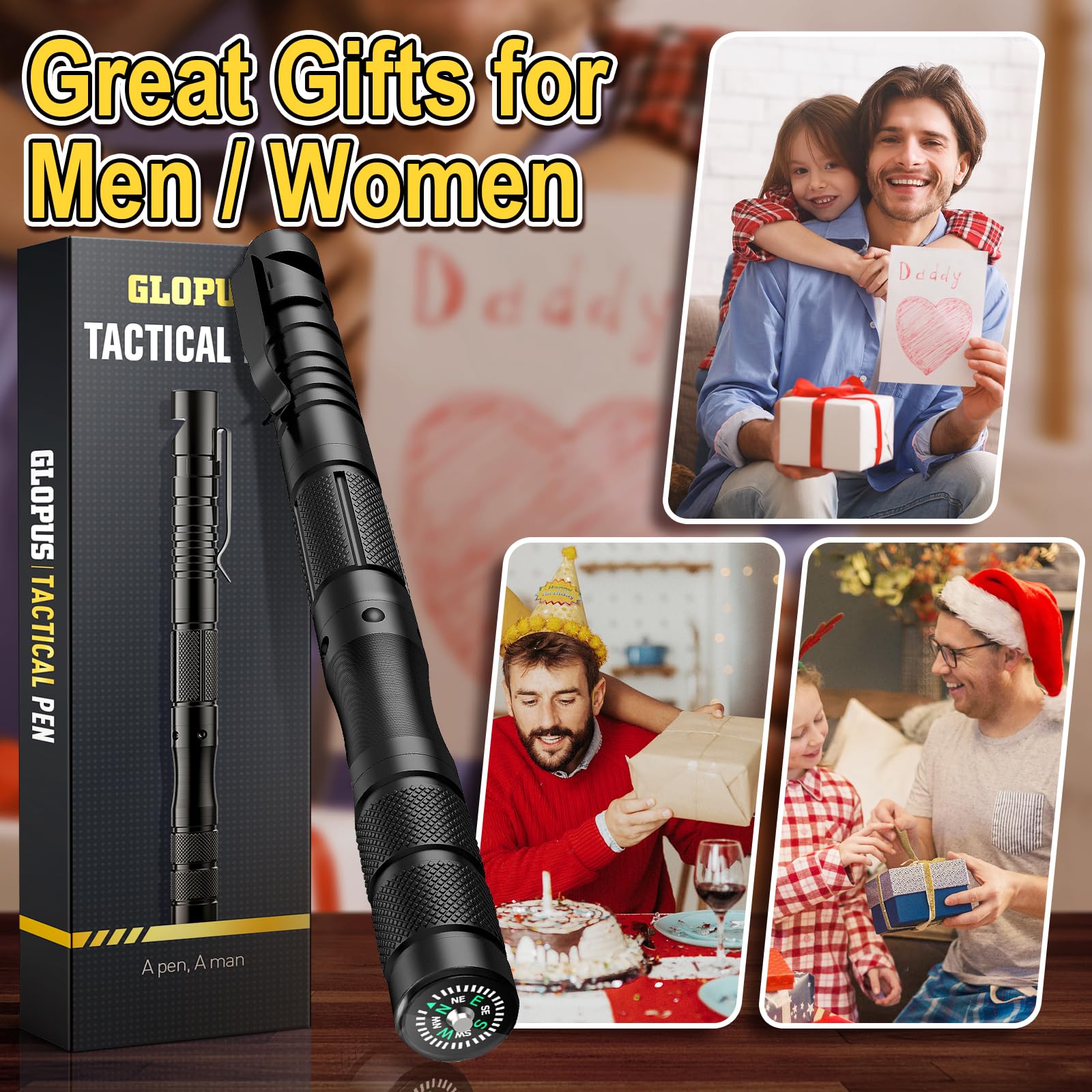 **Tactical Pen Gift for Men - Multitool Survival Pen with Stylus, Glass Breaker & LED Light - Perfect Father's Day Gift from Daughter/Wife - Great for Camping, Hiking, EDC & Outdoor Adventures**