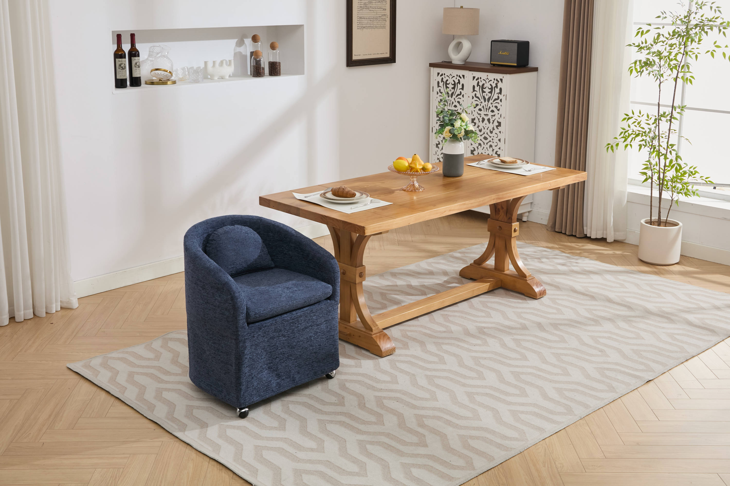 5-Piece Chenille Fabric Dining Armchair Set with Removable Back Cushion & Universal Wheels - Navy Blue - Comfortable Upholstered Chairs for Kitchen, Dining Room & Office Use