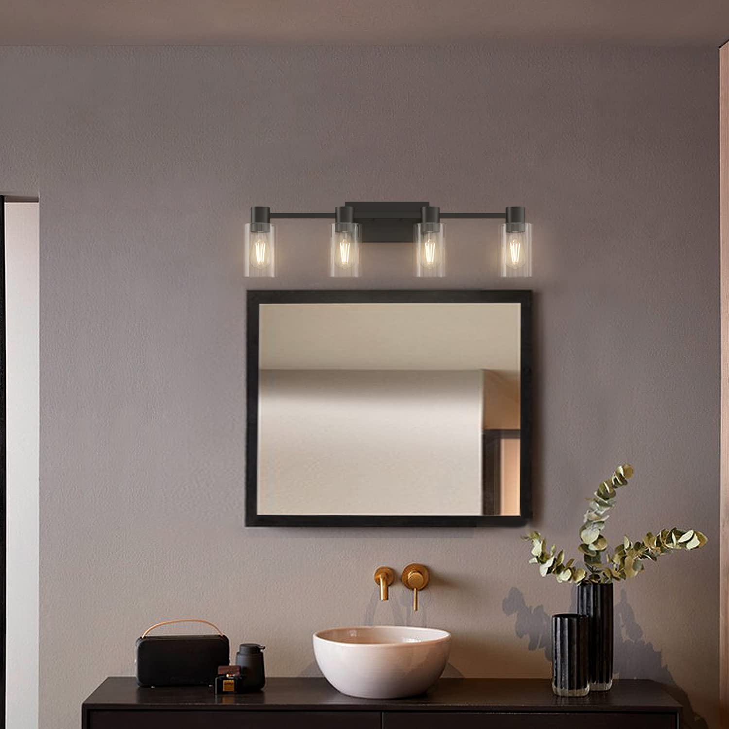 4-Light Modern Vanity Light Fixtures - Matte Black Bathroom Wall Sconce with Clear Glass Shade, E26 Base - Perfect for Bathroom Mirror Lighting, Powder Room, and Spa-Like Vanity Areas