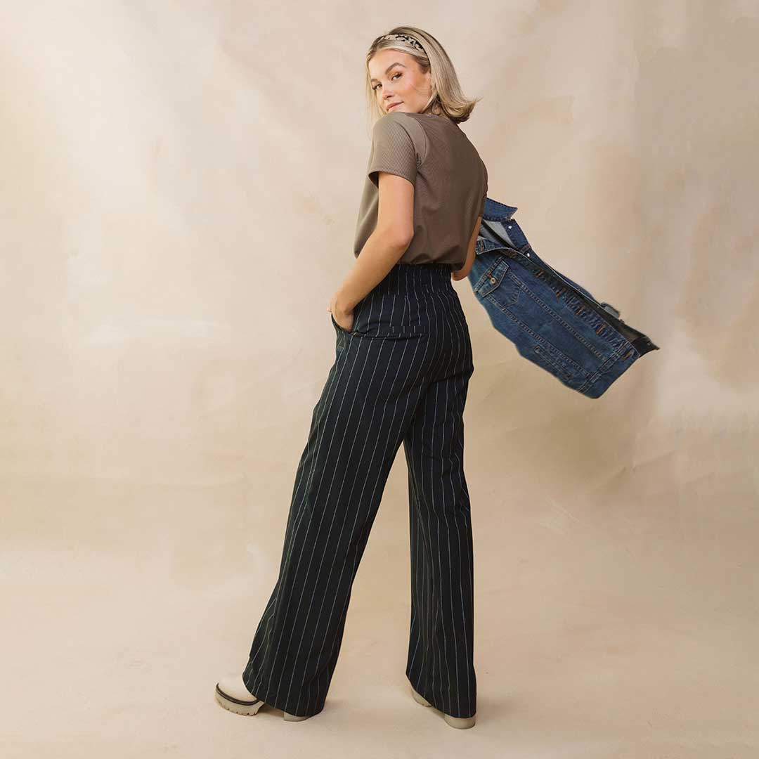 Audrey Women's Navy Pinstripe Dress Pants - Professional Office Work Trousers for Business Casual & Formal Occasions